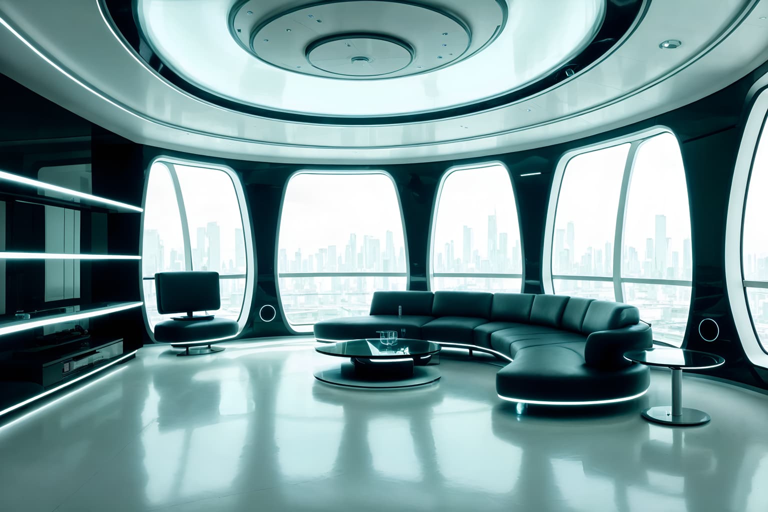 Futuristic-style (living room interior) With televisions and sofa and furniture and rug and plant and occasional tables and chairs and bookshelves. . With minimalist clean lines and circular shapes and spaceship interior and futurism minimalist interior and glass panes and light colors and futurism and futuristic interior. . Cinematic photo, highly detailed, cinematic lighting, ultra-detailed, ultrarealistic, photorealism, 8k. Futuristic interior design style