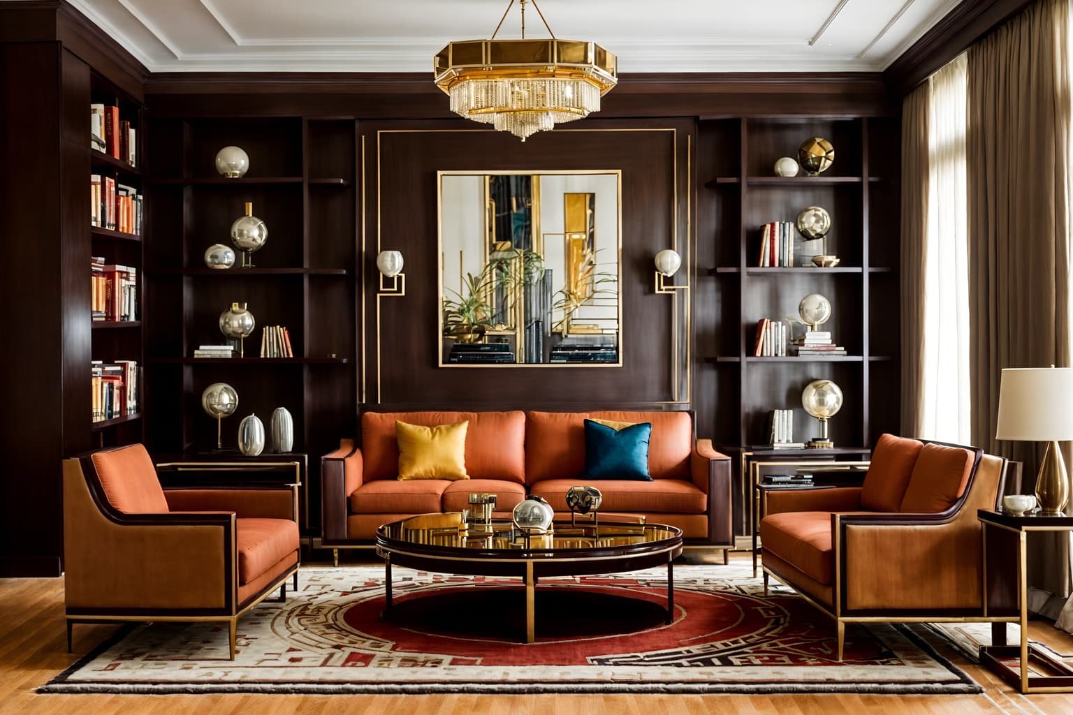 Art deco-style (living room interior) With rug and coffee tables and plant and furniture and bookshelves and occasional tables and televisions and sofa. . With rich colors and luxury and exuberant shapes and geometric lines and glamour and geometric shapes and angular shapes and decadent detail. . Cinematic photo, highly detailed, cinematic lighting, ultra-detailed, ultrarealistic, photorealism, 8k. Art deco interior design style