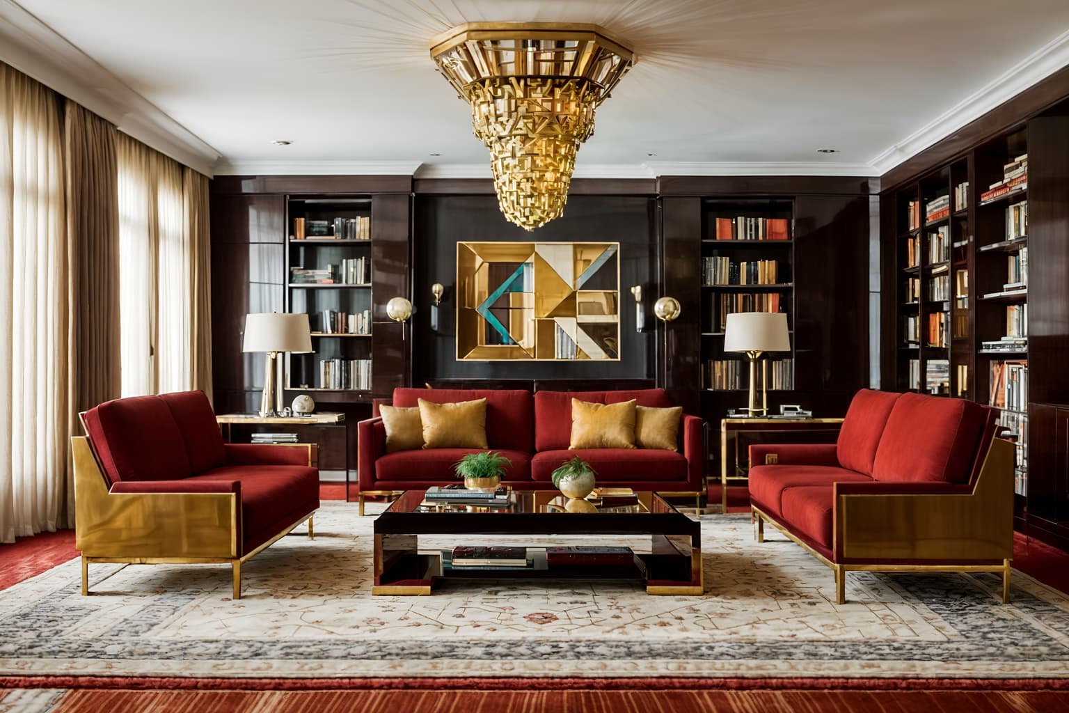 Art deco-style (living room interior) With rug and coffee tables and plant and furniture and bookshelves and occasional tables and televisions and sofa. . With rich colors and luxury and exuberant shapes and geometric lines and glamour and geometric shapes and angular shapes and decadent detail. . Cinematic photo, highly detailed, cinematic lighting, ultra-detailed, ultrarealistic, photorealism, 8k. Art deco interior design style