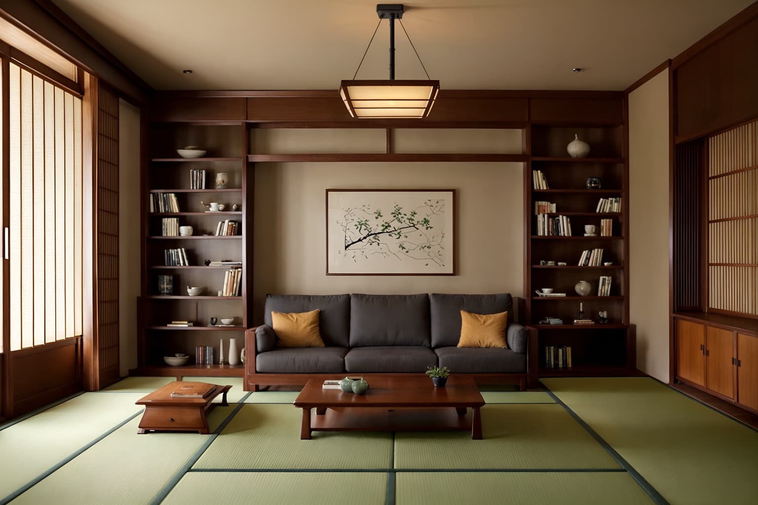 Japanese design-style (living room interior) With sofa and bookshelves and electric lamps and occasional tables and coffee tables and plant and chairs and furniture. . With . . Cinematic photo, highly detailed, cinematic lighting, ultra-detailed, ultrarealistic, photorealism, 8k. Japanese design interior design style
