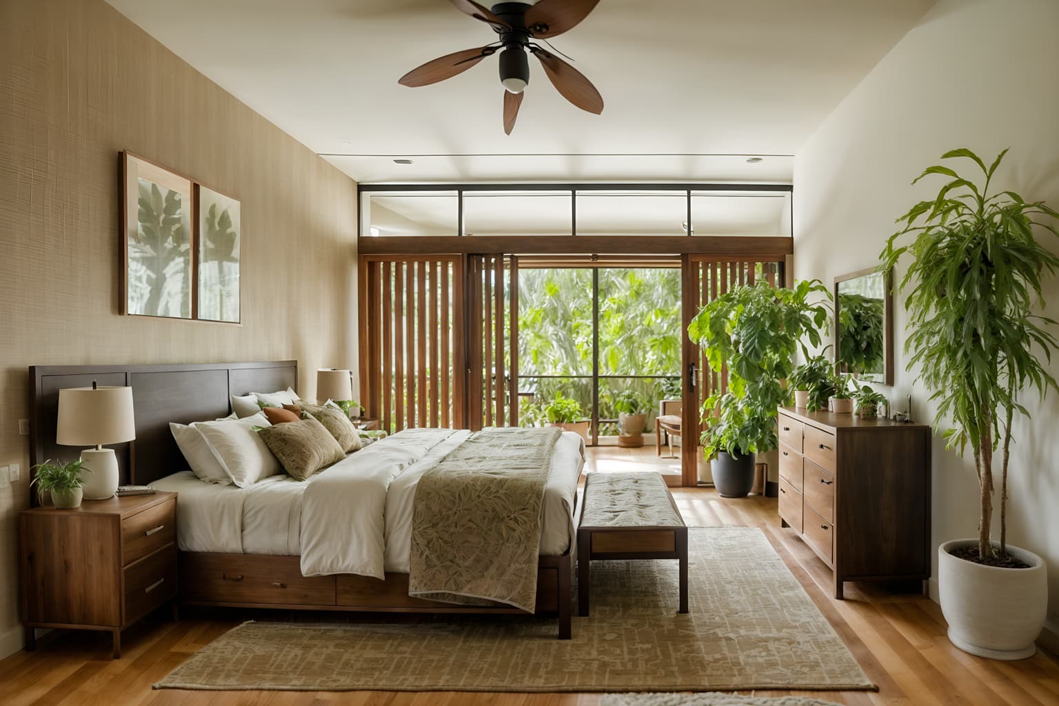 Biophilic-style (bedroom interior) With accent chair and bed and headboard and bedside table or night stand and dresser closet and night light and plant and storage bench or ottoman. . With plants and earthy colors and ceramic materials and Environmental features and Natural patterns and natural elements and images of animals and natural environment. . Cinematic photo, highly detailed, cinematic lighting, ultra-detailed, ultrarealistic, photorealism, 8k. Biophilic interior design style
