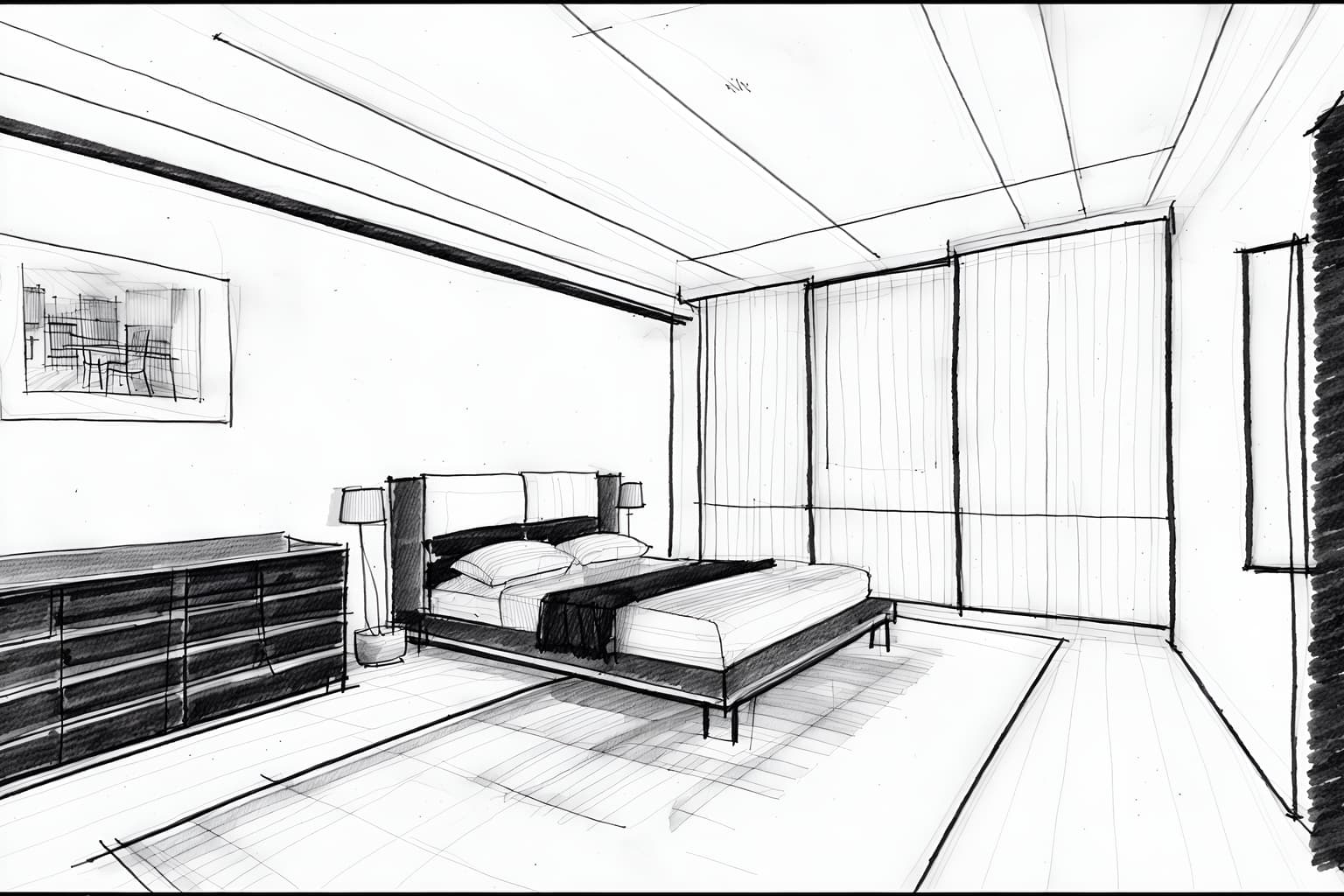 (Hand-drawn monochrome black and white sketch line drawing)++ of Sketch-style (bedroom) apartment interior. A sketch of interior. With . A sketch of interior. With bed and night light and mirror. Trending on Artstation. Black and white line drawing sketch without colors.
