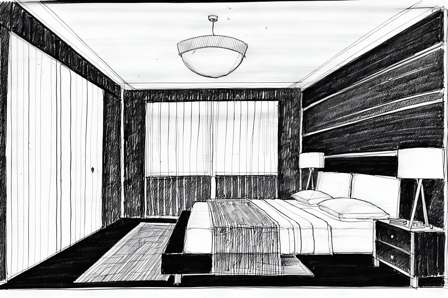 (Hand-drawn monochrome black and white sketch line drawing)++ of Sketch-style (bedroom) apartment interior. A sketch of interior. With . A sketch of interior. With bed and night light and mirror. Trending on Artstation. Black and white line drawing sketch without colors.
