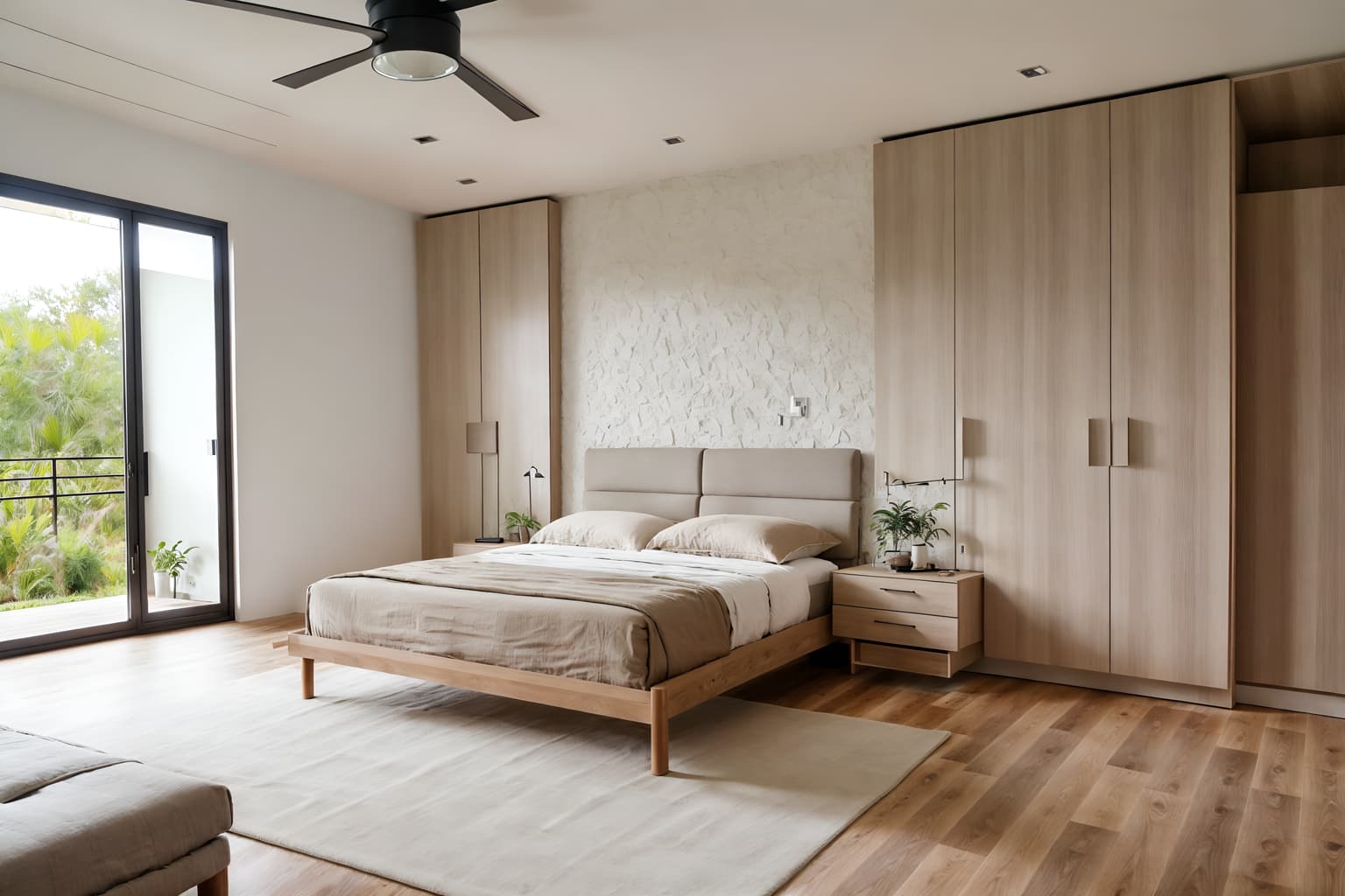 Modern-style (bedroom interior) With plant and mirror and headboard and night light and bedside table or night stand and storage bench or ottoman and accent chair and dresser closet. . With Neutral Walls and Textures and Natural Materials and Elements and Simple, Clean Lines and Simplistic Furniture and Open and Natural Lighting and Practicality and Functionality and Neutral Walls and Textures. . Cinematic photo, highly detailed, cinematic lighting, ultra-detailed, ultrarealistic, photorealism, 8k. Modern interior design style