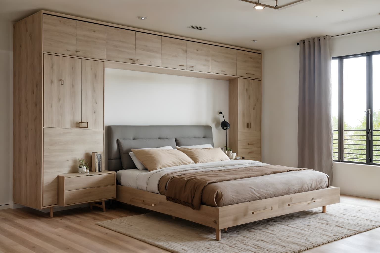 Modern-style (bedroom interior) With plant and mirror and headboard and night light and bedside table or night stand and storage bench or ottoman and accent chair and dresser closet. . With Neutral Walls and Textures and Natural Materials and Elements and Simple, Clean Lines and Simplistic Furniture and Open and Natural Lighting and Practicality and Functionality and Neutral Walls and Textures. . Cinematic photo, highly detailed, cinematic lighting, ultra-detailed, ultrarealistic, photorealism, 8k. Modern interior design style