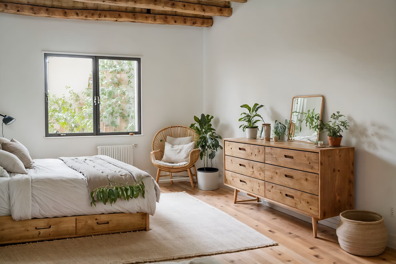 Airbnb-style (bedroom interior) With accent chair and mirror and storage bench or ottoman and plant and bedside table or night stand and night light and bed and dresser closet. . With Natural Materials and Elements and Simple Color Palette and Open and Natural Lighting and Scandinavian style and Neutral Walls and Textures and Practicality and Functionality and Simple, Clean Lines and Simplistic Furniture and Natural Materials and Elements. . Cinematic photo, highly detailed, cinematic lighting, ultra-detailed, ultrarealistic, photorealism, 8k. Airbnb interior design style