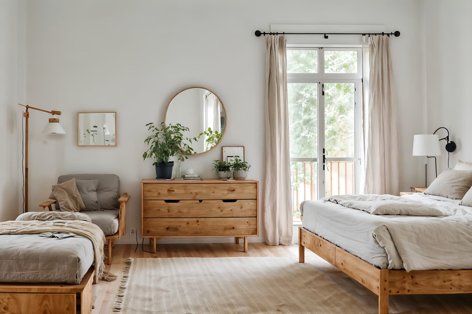 Airbnb-style (bedroom interior) With accent chair and mirror and storage bench or ottoman and plant and bedside table or night stand and night light and bed and dresser closet. . With Natural Materials and Elements and Simple Color Palette and Open and Natural Lighting and Scandinavian style and Neutral Walls and Textures and Practicality and Functionality and Simple, Clean Lines and Simplistic Furniture and Natural Materials and Elements. . Cinematic photo, highly detailed, cinematic lighting, ultra-detailed, ultrarealistic, photorealism, 8k. Airbnb interior design style