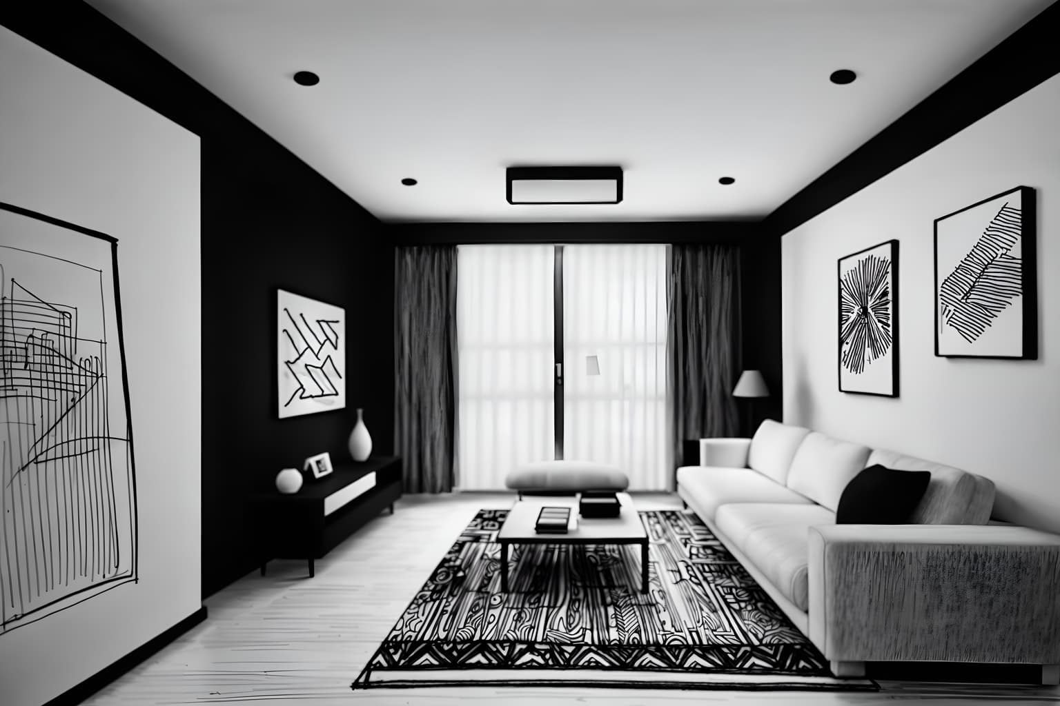 (hand-drawn monochrome black and white sketch line drawing)++ of sketch-style () apartment interior. a sketch of interior. with . a sketch of interior. trending on artstation. black and white line drawing sketch without colors. masterpiece, cinematic light, ultrarealistic+, photorealistic+, 8k, raw photo, realistic, sharp focus on eyes, (symmetrical eyes), (intact eyes), hyperrealistic, highest quality, best quality, , highly detailed, masterpiece, best quality, extremely detailed 8k wallpaper, masterpiece, best quality, ultra-detailed, best shadow, detailed background, detailed face, detailed eyes, high contrast, best illumination, detailed face, dulux, caustic, dynamic angle, detailed glow. dramatic lighting. highly detailed, insanely detailed hair, symmetrical, intricate details, professionally retouched, 8k high definition. strong bokeh. award winning photo.