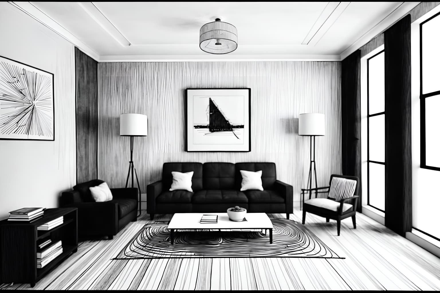 (hand-drawn monochrome black and white sketch line drawing)++ of sketch-style () apartment interior. a sketch of interior. with . a sketch of interior. trending on artstation. black and white line drawing sketch without colors. masterpiece, cinematic light, ultrarealistic+, photorealistic+, 8k, raw photo, realistic, sharp focus on eyes, (symmetrical eyes), (intact eyes), hyperrealistic, highest quality, best quality, , highly detailed, masterpiece, best quality, extremely detailed 8k wallpaper, masterpiece, best quality, ultra-detailed, best shadow, detailed background, detailed face, detailed eyes, high contrast, best illumination, detailed face, dulux, caustic, dynamic angle, detailed glow. dramatic lighting. highly detailed, insanely detailed hair, symmetrical, intricate details, professionally retouched, 8k high definition. strong bokeh. award winning photo.