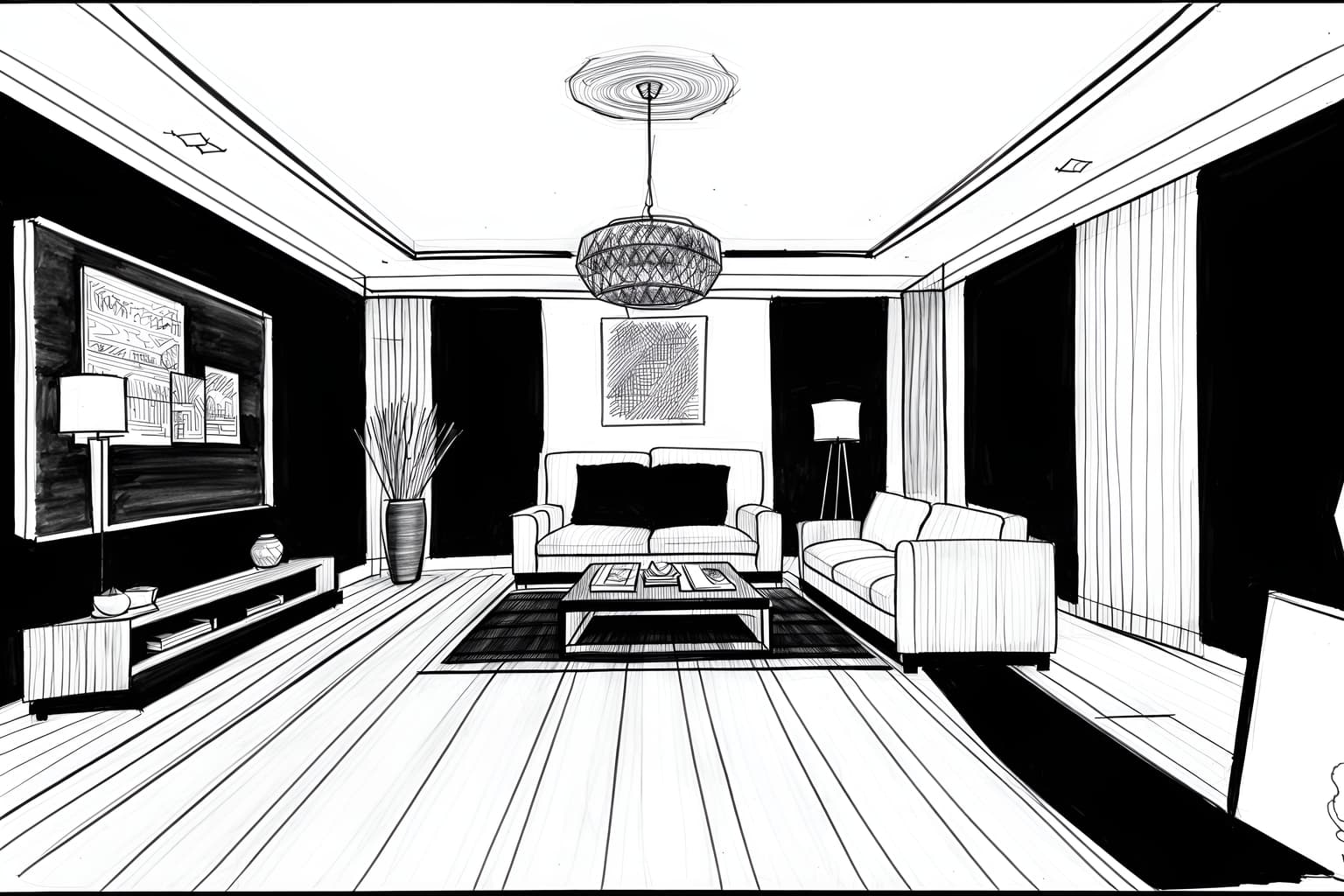 (hand-drawn monochrome black and white sketch line drawing)++ of sketch-style () apartment interior. a sketch of interior. with . a sketch of interior. trending on artstation. black and white line drawing sketch without colors. masterpiece, cinematic light, ultrarealistic+, photorealistic+, 8k, raw photo, realistic, sharp focus on eyes, (symmetrical eyes), (intact eyes), hyperrealistic, highest quality, best quality, , highly detailed, masterpiece, best quality, extremely detailed 8k wallpaper, masterpiece, best quality, ultra-detailed, best shadow, detailed background, detailed face, detailed eyes, high contrast, best illumination, detailed face, dulux, caustic, dynamic angle, detailed glow. dramatic lighting. highly detailed, insanely detailed hair, symmetrical, intricate details, professionally retouched, 8k high definition. strong bokeh. award winning photo.