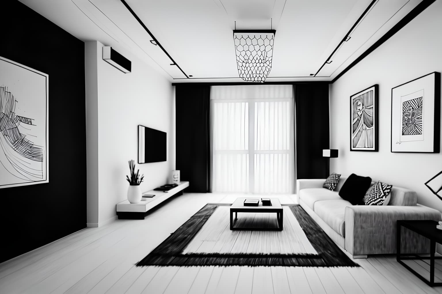 (hand-drawn monochrome black and white sketch line drawing)++ of sketch-style () apartment interior. a sketch of interior. with . a sketch of interior. trending on artstation. black and white line drawing sketch without colors. masterpiece, cinematic light, ultrarealistic+, photorealistic+, 8k, raw photo, realistic, sharp focus on eyes, (symmetrical eyes), (intact eyes), hyperrealistic, highest quality, best quality, , highly detailed, masterpiece, best quality, extremely detailed 8k wallpaper, masterpiece, best quality, ultra-detailed, best shadow, detailed background, detailed face, detailed eyes, high contrast, best illumination, detailed face, dulux, caustic, dynamic angle, detailed glow. dramatic lighting. highly detailed, insanely detailed hair, symmetrical, intricate details, professionally retouched, 8k high definition. strong bokeh. award winning photo.