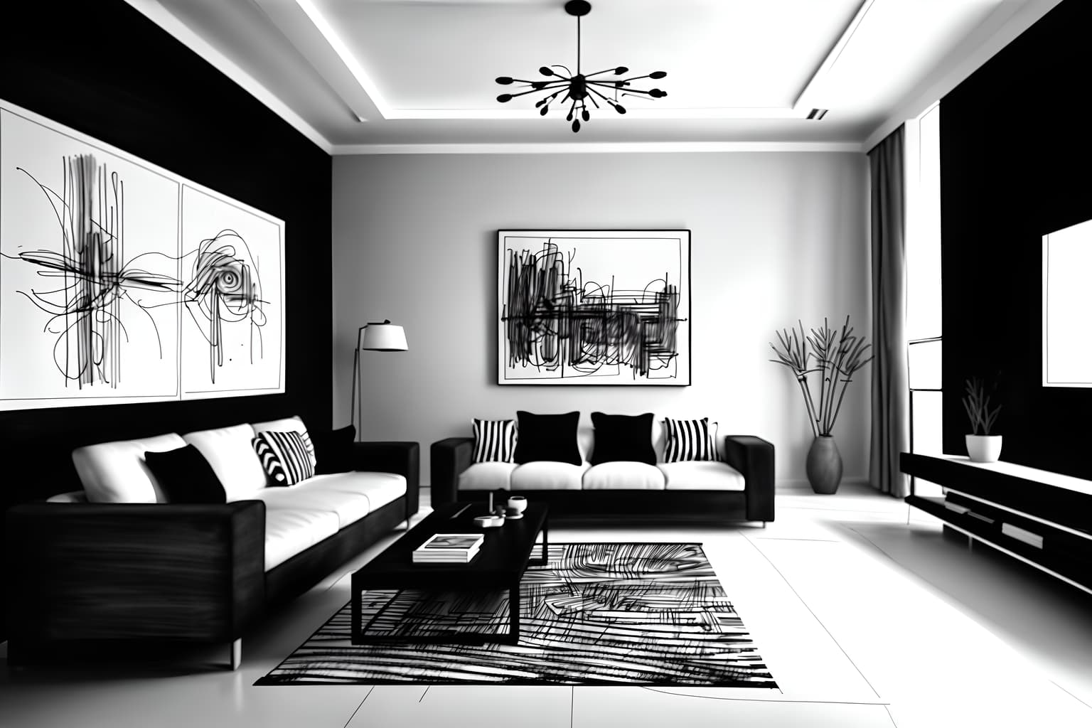 (hand-drawn monochrome black and white sketch line drawing)++ of sketch-style () apartment interior. a sketch of interior. with . a sketch of interior. trending on artstation. black and white line drawing sketch without colors. masterpiece, cinematic light, ultrarealistic+, photorealistic+, 8k, raw photo, realistic, sharp focus on eyes, (symmetrical eyes), (intact eyes), hyperrealistic, highest quality, best quality, , highly detailed, masterpiece, best quality, extremely detailed 8k wallpaper, masterpiece, best quality, ultra-detailed, best shadow, detailed background, detailed face, detailed eyes, high contrast, best illumination, detailed face, dulux, caustic, dynamic angle, detailed glow. dramatic lighting. highly detailed, insanely detailed hair, symmetrical, intricate details, professionally retouched, 8k high definition. strong bokeh. award winning photo.