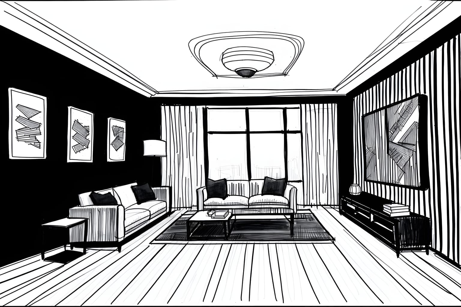 (hand-drawn monochrome black and white sketch line drawing)++ of sketch-style () apartment interior. a sketch of interior. with . a sketch of interior. trending on artstation. black and white line drawing sketch without colors. masterpiece, cinematic light, ultrarealistic+, photorealistic+, 8k, raw photo, realistic, sharp focus on eyes, (symmetrical eyes), (intact eyes), hyperrealistic, highest quality, best quality, , highly detailed, masterpiece, best quality, extremely detailed 8k wallpaper, masterpiece, best quality, ultra-detailed, best shadow, detailed background, detailed face, detailed eyes, high contrast, best illumination, detailed face, dulux, caustic, dynamic angle, detailed glow. dramatic lighting. highly detailed, insanely detailed hair, symmetrical, intricate details, professionally retouched, 8k high definition. strong bokeh. award winning photo.