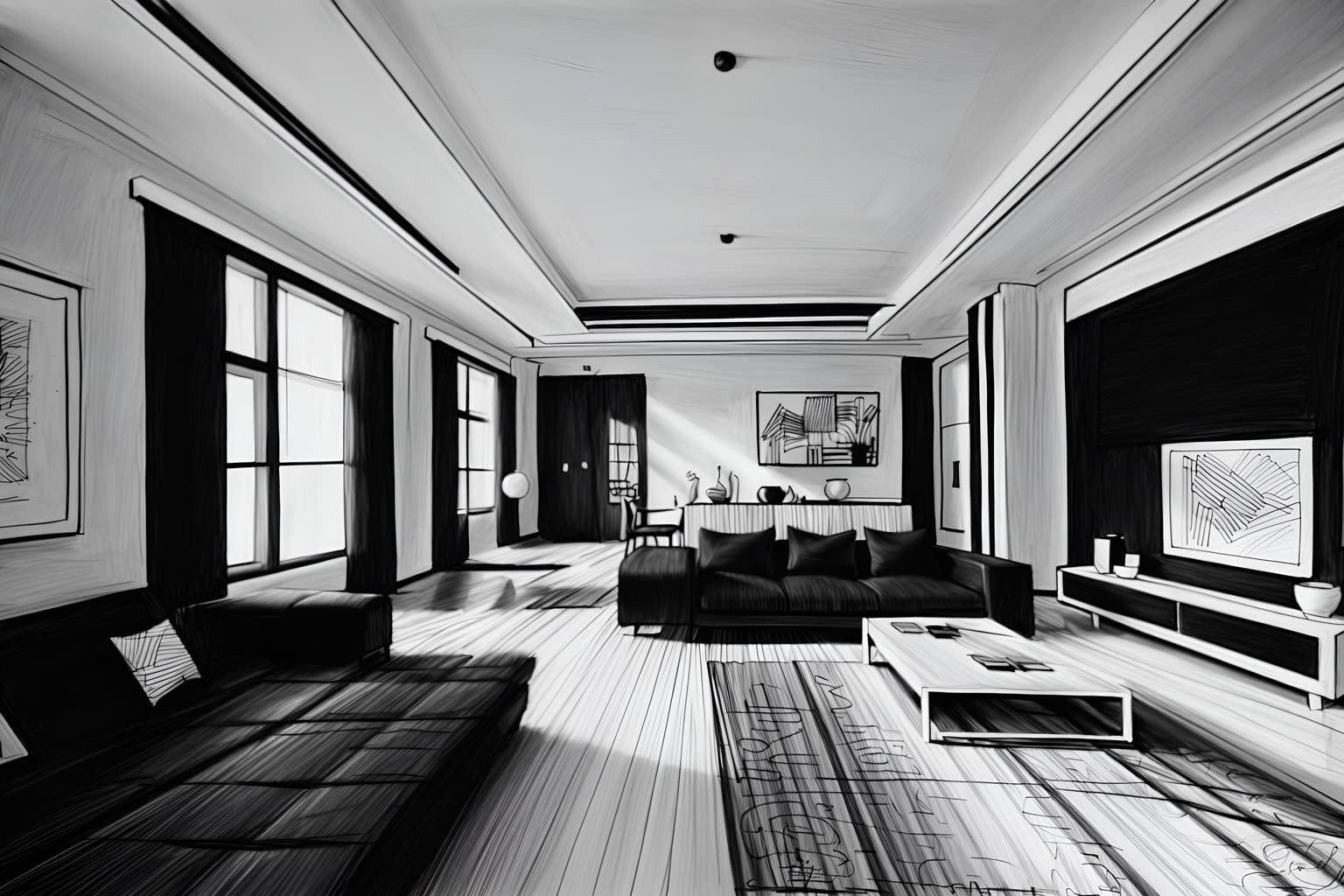 (hand-drawn monochrome black and white sketch line drawing)++ of sketch-style () apartment interior. a sketch of interior. with . a sketch of interior. trending on artstation. black and white line drawing sketch without colors. masterpiece, cinematic light, ultrarealistic+, photorealistic+, 8k, raw photo, realistic, sharp focus on eyes, (symmetrical eyes), (intact eyes), hyperrealistic, highest quality, best quality, , highly detailed, masterpiece, best quality, extremely detailed 8k wallpaper, masterpiece, best quality, ultra-detailed, best shadow, detailed background, detailed face, detailed eyes, high contrast, best illumination, detailed face, dulux, caustic, dynamic angle, detailed glow. dramatic lighting. highly detailed, insanely detailed hair, symmetrical, intricate details, professionally retouched, 8k high definition. strong bokeh. award winning photo.