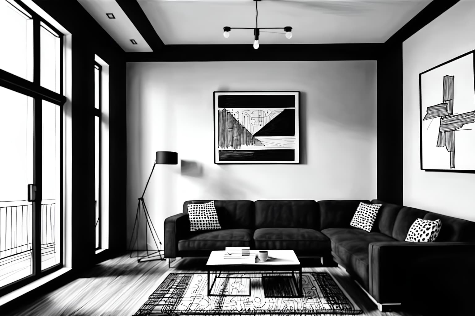 (hand-drawn monochrome black and white sketch line drawing)++ of sketch-style () apartment interior. a sketch of interior. with . a sketch of interior. trending on artstation. black and white line drawing sketch without colors. masterpiece, cinematic light, ultrarealistic+, photorealistic+, 8k, raw photo, realistic, sharp focus on eyes, (symmetrical eyes), (intact eyes), hyperrealistic, highest quality, best quality, , highly detailed, masterpiece, best quality, extremely detailed 8k wallpaper, masterpiece, best quality, ultra-detailed, best shadow, detailed background, detailed face, detailed eyes, high contrast, best illumination, detailed face, dulux, caustic, dynamic angle, detailed glow. dramatic lighting. highly detailed, insanely detailed hair, symmetrical, intricate details, professionally retouched, 8k high definition. strong bokeh. award winning photo.