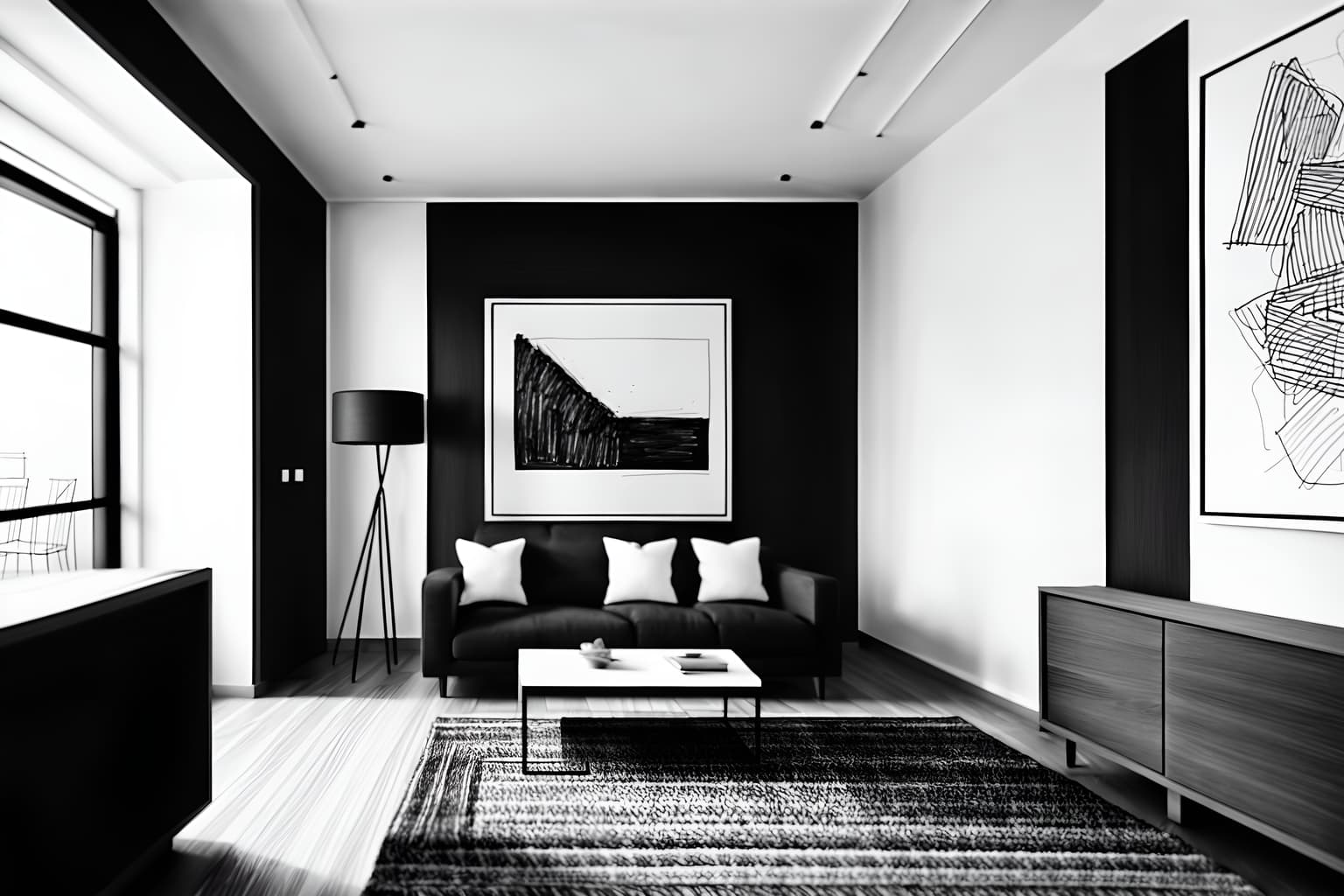 (hand-drawn monochrome black and white sketch line drawing)++ of sketch-style () apartment interior. a sketch of interior. with . a sketch of interior. trending on artstation. black and white line drawing sketch without colors. masterpiece, cinematic light, ultrarealistic+, photorealistic+, 8k, raw photo, realistic, sharp focus on eyes, (symmetrical eyes), (intact eyes), hyperrealistic, highest quality, best quality, , highly detailed, masterpiece, best quality, extremely detailed 8k wallpaper, masterpiece, best quality, ultra-detailed, best shadow, detailed background, detailed face, detailed eyes, high contrast, best illumination, detailed face, dulux, caustic, dynamic angle, detailed glow. dramatic lighting. highly detailed, insanely detailed hair, symmetrical, intricate details, professionally retouched, 8k high definition. strong bokeh. award winning photo.