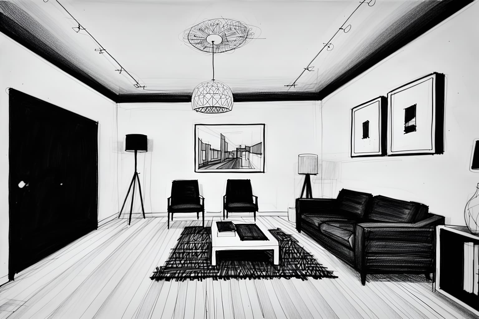 (hand-drawn monochrome black and white sketch line drawing)++ of sketch-style () apartment interior. a sketch of interior. with . a sketch of interior. trending on artstation. black and white line drawing sketch without colors. masterpiece, cinematic light, ultrarealistic+, photorealistic+, 8k, raw photo, realistic, sharp focus on eyes, (symmetrical eyes), (intact eyes), hyperrealistic, highest quality, best quality, , highly detailed, masterpiece, best quality, extremely detailed 8k wallpaper, masterpiece, best quality, ultra-detailed, best shadow, detailed background, detailed face, detailed eyes, high contrast, best illumination, detailed face, dulux, caustic, dynamic angle, detailed glow. dramatic lighting. highly detailed, insanely detailed hair, symmetrical, intricate details, professionally retouched, 8k high definition. strong bokeh. award winning photo.