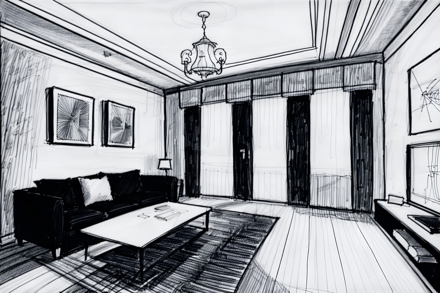 (hand-drawn monochrome black and white sketch line drawing)++ of sketch-style () apartment interior. a sketch of interior. with . a sketch of interior. trending on artstation. black and white line drawing sketch without colors. masterpiece, cinematic light, ultrarealistic+, photorealistic+, 8k, raw photo, realistic, sharp focus on eyes, (symmetrical eyes), (intact eyes), hyperrealistic, highest quality, best quality, , highly detailed, masterpiece, best quality, extremely detailed 8k wallpaper, masterpiece, best quality, ultra-detailed, best shadow, detailed background, detailed face, detailed eyes, high contrast, best illumination, detailed face, dulux, caustic, dynamic angle, detailed glow. dramatic lighting. highly detailed, insanely detailed hair, symmetrical, intricate details, professionally retouched, 8k high definition. strong bokeh. award winning photo.