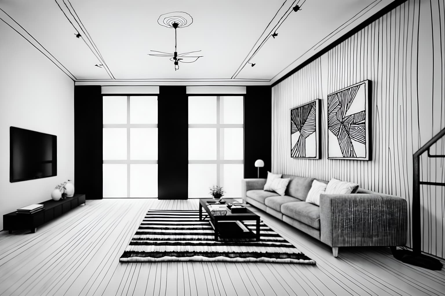 (hand-drawn monochrome black and white sketch line drawing)++ of sketch-style () apartment interior. a sketch of interior. with . a sketch of interior. trending on artstation. black and white line drawing sketch without colors. masterpiece, cinematic light, ultrarealistic+, photorealistic+, 8k, raw photo, realistic, sharp focus on eyes, (symmetrical eyes), (intact eyes), hyperrealistic, highest quality, best quality, , highly detailed, masterpiece, best quality, extremely detailed 8k wallpaper, masterpiece, best quality, ultra-detailed, best shadow, detailed background, detailed face, detailed eyes, high contrast, best illumination, detailed face, dulux, caustic, dynamic angle, detailed glow. dramatic lighting. highly detailed, insanely detailed hair, symmetrical, intricate details, professionally retouched, 8k high definition. strong bokeh. award winning photo.