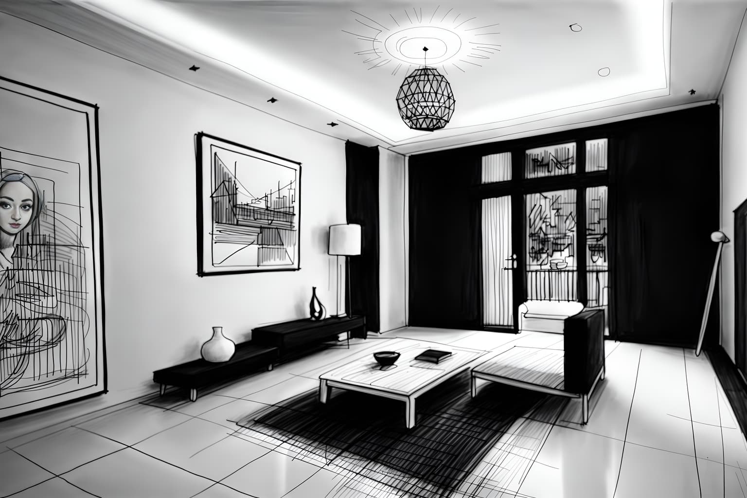(hand-drawn monochrome black and white sketch line drawing)++ of sketch-style () apartment interior. a sketch of interior. with . a sketch of interior. trending on artstation. black and white line drawing sketch without colors. masterpiece, cinematic light, ultrarealistic+, photorealistic+, 8k, raw photo, realistic, sharp focus on eyes, (symmetrical eyes), (intact eyes), hyperrealistic, highest quality, best quality, , highly detailed, masterpiece, best quality, extremely detailed 8k wallpaper, masterpiece, best quality, ultra-detailed, best shadow, detailed background, detailed face, detailed eyes, high contrast, best illumination, detailed face, dulux, caustic, dynamic angle, detailed glow. dramatic lighting. highly detailed, insanely detailed hair, symmetrical, intricate details, professionally retouched, 8k high definition. strong bokeh. award winning photo.