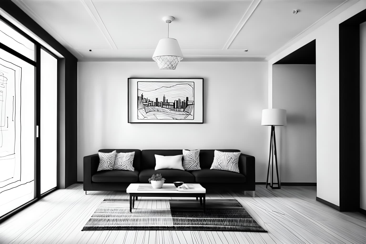 (hand-drawn monochrome black and white sketch line drawing)++ of sketch-style () apartment interior. a sketch of interior. with . a sketch of interior. trending on artstation. black and white line drawing sketch without colors. masterpiece, cinematic light, ultrarealistic+, photorealistic+, 8k, raw photo, realistic, sharp focus on eyes, (symmetrical eyes), (intact eyes), hyperrealistic, highest quality, best quality, , highly detailed, masterpiece, best quality, extremely detailed 8k wallpaper, masterpiece, best quality, ultra-detailed, best shadow, detailed background, detailed face, detailed eyes, high contrast, best illumination, detailed face, dulux, caustic, dynamic angle, detailed glow. dramatic lighting. highly detailed, insanely detailed hair, symmetrical, intricate details, professionally retouched, 8k high definition. strong bokeh. award winning photo.