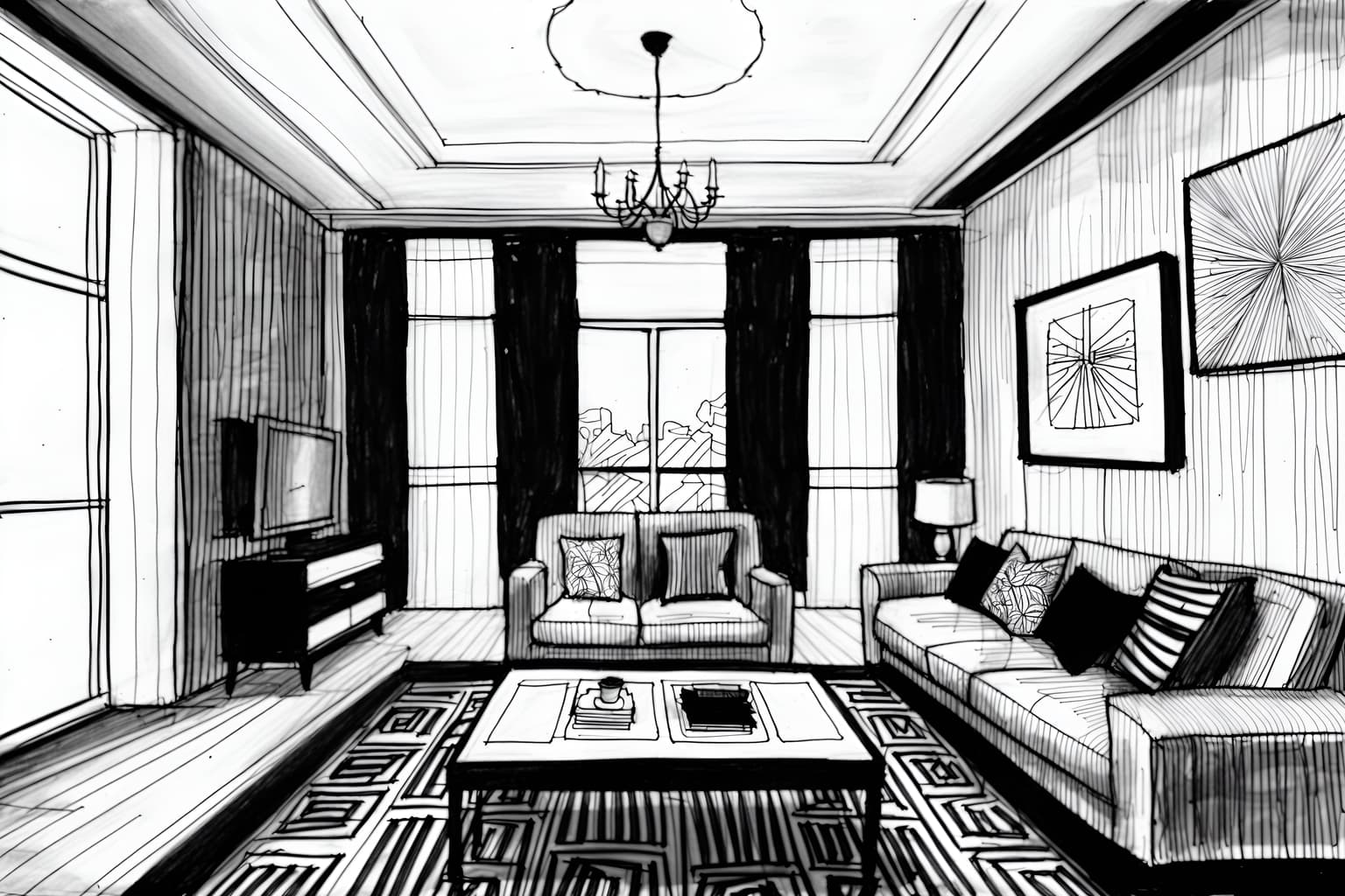 (hand-drawn monochrome black and white sketch line drawing)++ of sketch-style () apartment interior. a sketch of interior. with . a sketch of interior. trending on artstation. black and white line drawing sketch without colors. masterpiece, cinematic light, ultrarealistic+, photorealistic+, 8k, raw photo, realistic, sharp focus on eyes, (symmetrical eyes), (intact eyes), hyperrealistic, highest quality, best quality, , highly detailed, masterpiece, best quality, extremely detailed 8k wallpaper, masterpiece, best quality, ultra-detailed, best shadow, detailed background, detailed face, detailed eyes, high contrast, best illumination, detailed face, dulux, caustic, dynamic angle, detailed glow. dramatic lighting. highly detailed, insanely detailed hair, symmetrical, intricate details, professionally retouched, 8k high definition. strong bokeh. award winning photo.