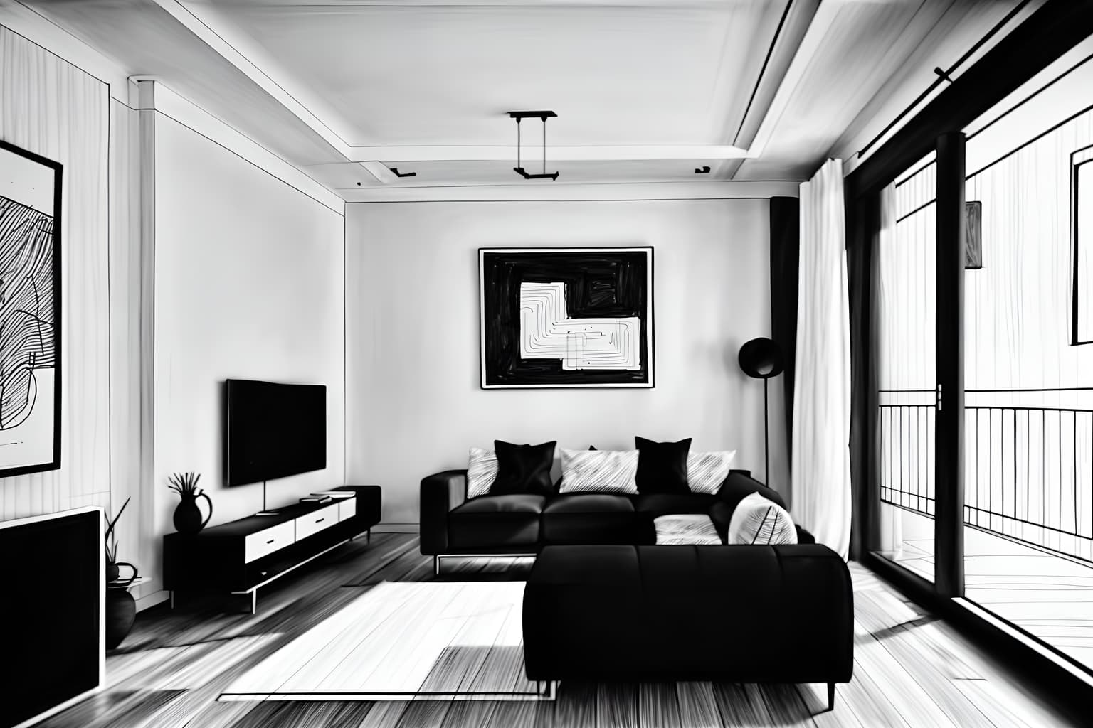 (hand-drawn monochrome black and white sketch line drawing)++ of sketch-style () apartment interior. a sketch of interior. with . a sketch of interior. trending on artstation. black and white line drawing sketch without colors. masterpiece, cinematic light, ultrarealistic+, photorealistic+, 8k, raw photo, realistic, sharp focus on eyes, (symmetrical eyes), (intact eyes), hyperrealistic, highest quality, best quality, , highly detailed, masterpiece, best quality, extremely detailed 8k wallpaper, masterpiece, best quality, ultra-detailed, best shadow, detailed background, detailed face, detailed eyes, high contrast, best illumination, detailed face, dulux, caustic, dynamic angle, detailed glow. dramatic lighting. highly detailed, insanely detailed hair, symmetrical, intricate details, professionally retouched, 8k high definition. strong bokeh. award winning photo.