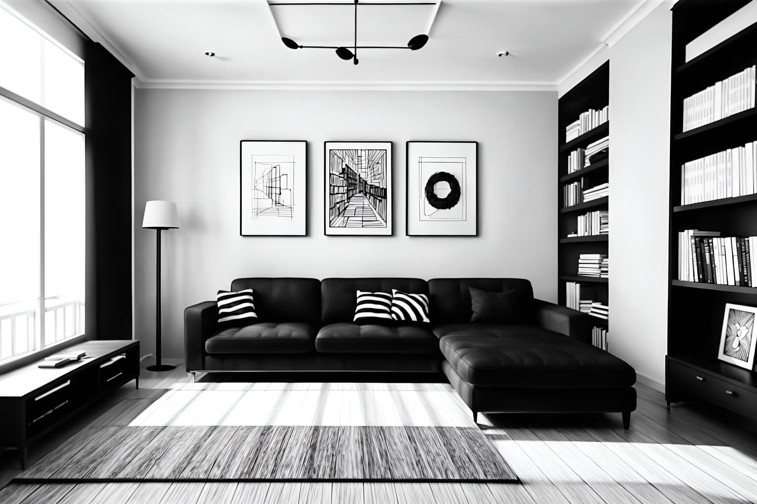 (hand-drawn monochrome black and white sketch line drawing)++ of sketch-style (living room) apartment interior. a sketch of interior. with . a sketch of interior. with bookshelves and televisions and coffee tables. trending on artstation. black and white line drawing sketch without colors. masterpiece, cinematic light, ultrarealistic+, photorealistic+, 8k, raw photo, realistic, sharp focus on eyes, (symmetrical eyes), (intact eyes), hyperrealistic, highest quality, best quality, , highly detailed, masterpiece, best quality, extremely detailed 8k wallpaper, masterpiece, best quality, ultra-detailed, best shadow, detailed background, detailed face, detailed eyes, high contrast, best illumination, detailed face, dulux, caustic, dynamic angle, detailed glow. dramatic lighting. highly detailed, insanely detailed hair, symmetrical, intricate details, professionally retouched, 8k high definition. strong bokeh. award winning photo.