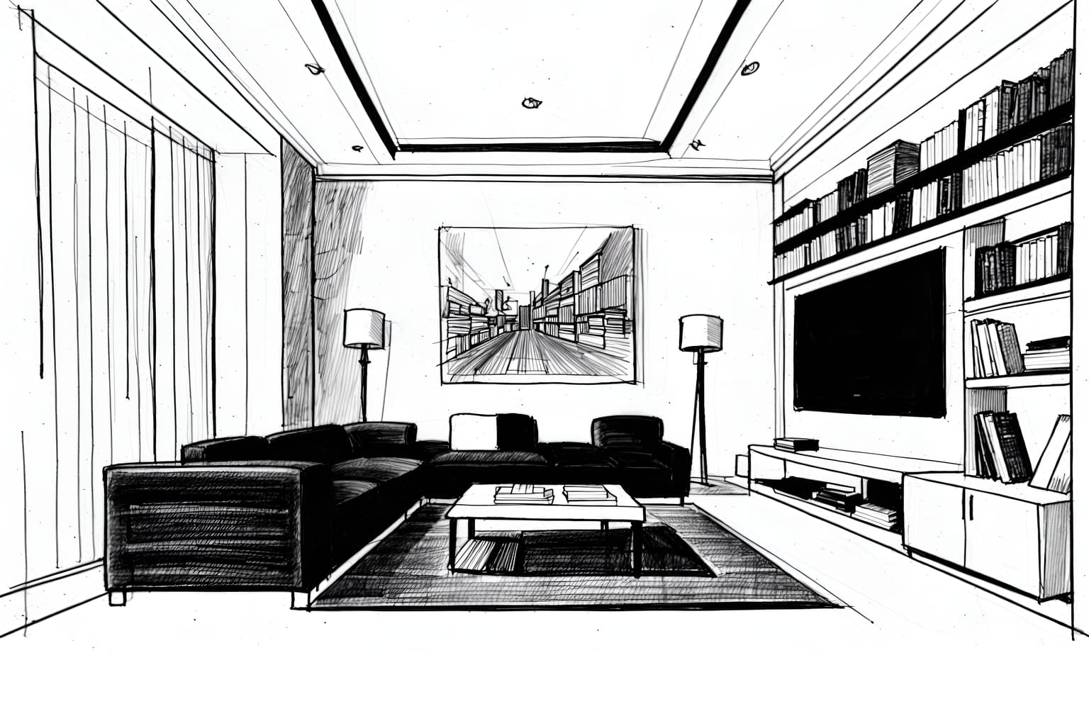 (hand-drawn monochrome black and white sketch line drawing)++ of sketch-style (living room) apartment interior. a sketch of interior. with . a sketch of interior. with bookshelves and televisions and coffee tables. trending on artstation. black and white line drawing sketch without colors. masterpiece, cinematic light, ultrarealistic+, photorealistic+, 8k, raw photo, realistic, sharp focus on eyes, (symmetrical eyes), (intact eyes), hyperrealistic, highest quality, best quality, , highly detailed, masterpiece, best quality, extremely detailed 8k wallpaper, masterpiece, best quality, ultra-detailed, best shadow, detailed background, detailed face, detailed eyes, high contrast, best illumination, detailed face, dulux, caustic, dynamic angle, detailed glow. dramatic lighting. highly detailed, insanely detailed hair, symmetrical, intricate details, professionally retouched, 8k high definition. strong bokeh. award winning photo.