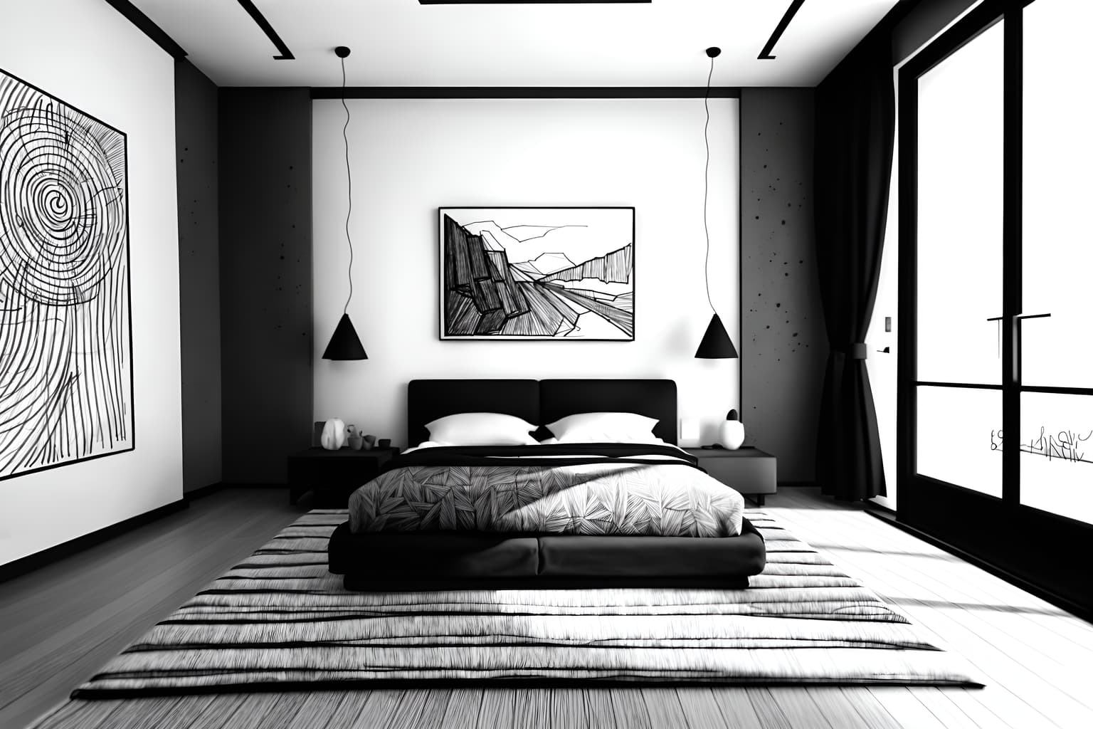(hand-drawn monochrome black and white sketch line drawing)++ of sketch-style (bedroom) apartment interior. a sketch of interior. with . a sketch of interior. with headboard and bed and night light. trending on artstation. black and white line drawing sketch without colors. masterpiece, cinematic light, ultrarealistic+, photorealistic+, 8k, raw photo, realistic, sharp focus on eyes, (symmetrical eyes), (intact eyes), hyperrealistic, highest quality, best quality, , highly detailed, masterpiece, best quality, extremely detailed 8k wallpaper, masterpiece, best quality, ultra-detailed, best shadow, detailed background, detailed face, detailed eyes, high contrast, best illumination, detailed face, dulux, caustic, dynamic angle, detailed glow. dramatic lighting. highly detailed, insanely detailed hair, symmetrical, intricate details, professionally retouched, 8k high definition. strong bokeh. award winning photo.