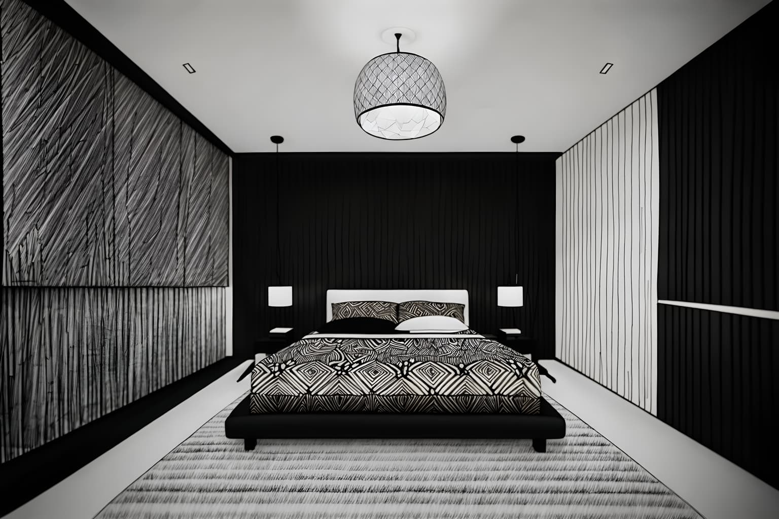 (hand-drawn monochrome black and white sketch line drawing)++ of sketch-style (bedroom) apartment interior. a sketch of interior. with . a sketch of interior. with headboard and bed and night light. trending on artstation. black and white line drawing sketch without colors. masterpiece, cinematic light, ultrarealistic+, photorealistic+, 8k, raw photo, realistic, sharp focus on eyes, (symmetrical eyes), (intact eyes), hyperrealistic, highest quality, best quality, , highly detailed, masterpiece, best quality, extremely detailed 8k wallpaper, masterpiece, best quality, ultra-detailed, best shadow, detailed background, detailed face, detailed eyes, high contrast, best illumination, detailed face, dulux, caustic, dynamic angle, detailed glow. dramatic lighting. highly detailed, insanely detailed hair, symmetrical, intricate details, professionally retouched, 8k high definition. strong bokeh. award winning photo.