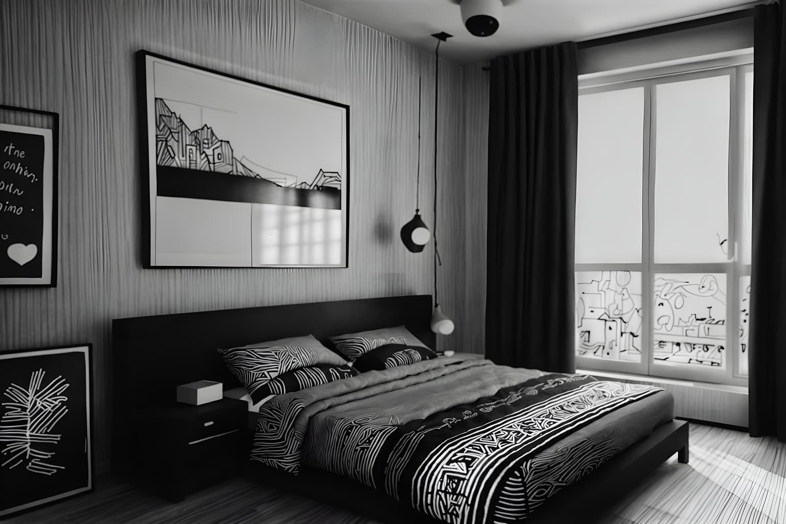 (hand-drawn monochrome black and white sketch line drawing)++ of sketch-style (bedroom) apartment interior. a sketch of interior. with . a sketch of interior. with headboard and bed and night light. trending on artstation. black and white line drawing sketch without colors. masterpiece, cinematic light, ultrarealistic+, photorealistic+, 8k, raw photo, realistic, sharp focus on eyes, (symmetrical eyes), (intact eyes), hyperrealistic, highest quality, best quality, , highly detailed, masterpiece, best quality, extremely detailed 8k wallpaper, masterpiece, best quality, ultra-detailed, best shadow, detailed background, detailed face, detailed eyes, high contrast, best illumination, detailed face, dulux, caustic, dynamic angle, detailed glow. dramatic lighting. highly detailed, insanely detailed hair, symmetrical, intricate details, professionally retouched, 8k high definition. strong bokeh. award winning photo.