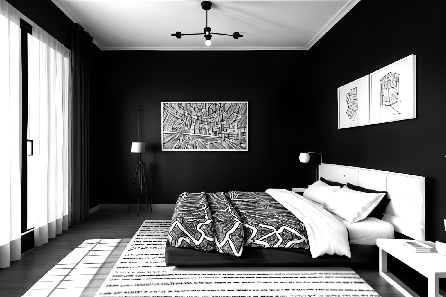 (hand-drawn monochrome black and white sketch line drawing)++ of sketch-style (bedroom) apartment interior. a sketch of interior. with . a sketch of interior. with headboard and bed and night light. trending on artstation. black and white line drawing sketch without colors. masterpiece, cinematic light, ultrarealistic+, photorealistic+, 8k, raw photo, realistic, sharp focus on eyes, (symmetrical eyes), (intact eyes), hyperrealistic, highest quality, best quality, , highly detailed, masterpiece, best quality, extremely detailed 8k wallpaper, masterpiece, best quality, ultra-detailed, best shadow, detailed background, detailed face, detailed eyes, high contrast, best illumination, detailed face, dulux, caustic, dynamic angle, detailed glow. dramatic lighting. highly detailed, insanely detailed hair, symmetrical, intricate details, professionally retouched, 8k high definition. strong bokeh. award winning photo.