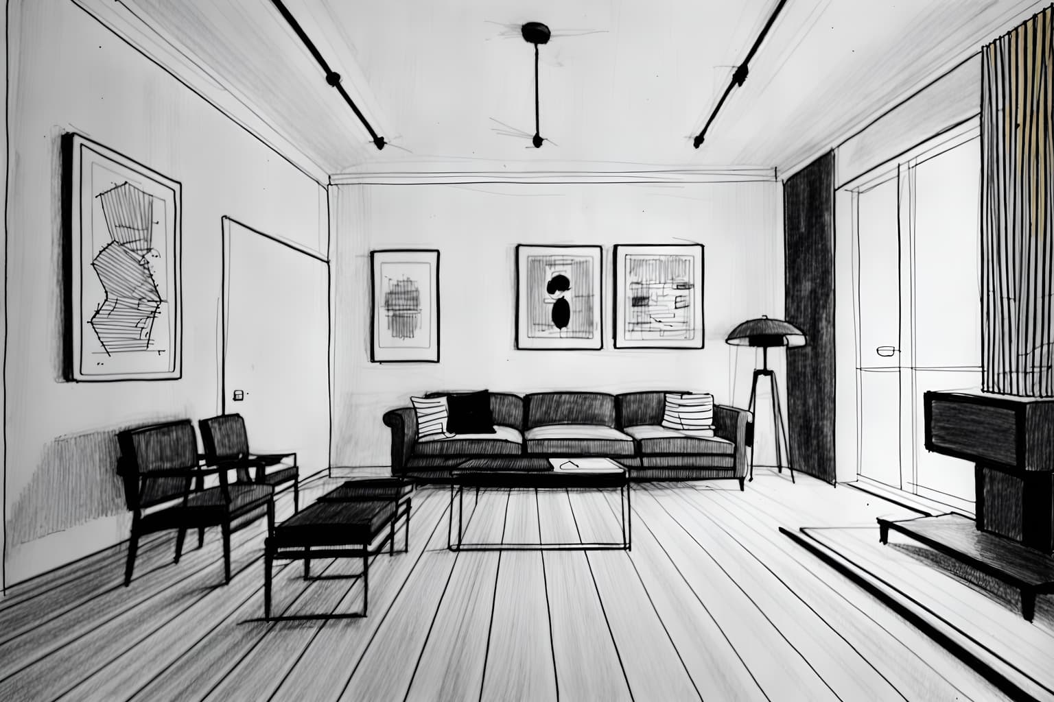 (hand-drawn monochrome black and white sketch line drawing)++ of sketch-style (kitchen living combo) apartment interior. a sketch of interior. with . a sketch of interior. with chairs and stove and plant. trending on artstation. black and white line drawing sketch without colors. masterpiece, cinematic light, ultrarealistic+, photorealistic+, 8k, raw photo, realistic, sharp focus on eyes, (symmetrical eyes), (intact eyes), hyperrealistic, highest quality, best quality, , highly detailed, masterpiece, best quality, extremely detailed 8k wallpaper, masterpiece, best quality, ultra-detailed, best shadow, detailed background, detailed face, detailed eyes, high contrast, best illumination, detailed face, dulux, caustic, dynamic angle, detailed glow. dramatic lighting. highly detailed, insanely detailed hair, symmetrical, intricate details, professionally retouched, 8k high definition. strong bokeh. award winning photo.