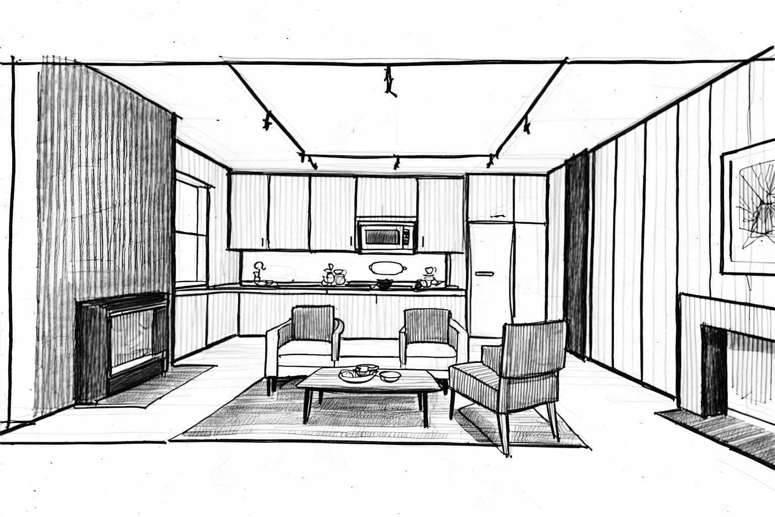 (hand-drawn monochrome black and white sketch line drawing)++ of sketch-style (kitchen living combo) apartment interior. a sketch of interior. with . a sketch of interior. with chairs and stove and plant. trending on artstation. black and white line drawing sketch without colors. masterpiece, cinematic light, ultrarealistic+, photorealistic+, 8k, raw photo, realistic, sharp focus on eyes, (symmetrical eyes), (intact eyes), hyperrealistic, highest quality, best quality, , highly detailed, masterpiece, best quality, extremely detailed 8k wallpaper, masterpiece, best quality, ultra-detailed, best shadow, detailed background, detailed face, detailed eyes, high contrast, best illumination, detailed face, dulux, caustic, dynamic angle, detailed glow. dramatic lighting. highly detailed, insanely detailed hair, symmetrical, intricate details, professionally retouched, 8k high definition. strong bokeh. award winning photo.