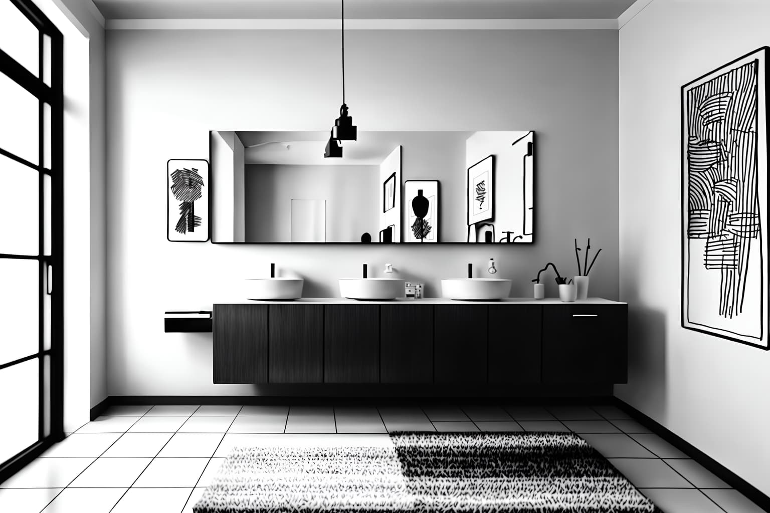(hand-drawn monochrome black and white sketch line drawing)++ of sketch-style (bathroom) apartment interior. a sketch of interior. with . a sketch of interior. with bathroom sink with faucet and plant and mirror. trending on artstation. black and white line drawing sketch without colors. masterpiece, cinematic light, ultrarealistic+, photorealistic+, 8k, raw photo, realistic, sharp focus on eyes, (symmetrical eyes), (intact eyes), hyperrealistic, highest quality, best quality, , highly detailed, masterpiece, best quality, extremely detailed 8k wallpaper, masterpiece, best quality, ultra-detailed, best shadow, detailed background, detailed face, detailed eyes, high contrast, best illumination, detailed face, dulux, caustic, dynamic angle, detailed glow. dramatic lighting. highly detailed, insanely detailed hair, symmetrical, intricate details, professionally retouched, 8k high definition. strong bokeh. award winning photo.