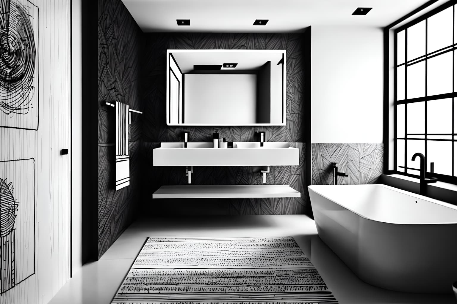 (hand-drawn monochrome black and white sketch line drawing)++ of sketch-style (bathroom) apartment interior. a sketch of interior. with . a sketch of interior. with bathroom sink with faucet and plant and mirror. trending on artstation. black and white line drawing sketch without colors. masterpiece, cinematic light, ultrarealistic+, photorealistic+, 8k, raw photo, realistic, sharp focus on eyes, (symmetrical eyes), (intact eyes), hyperrealistic, highest quality, best quality, , highly detailed, masterpiece, best quality, extremely detailed 8k wallpaper, masterpiece, best quality, ultra-detailed, best shadow, detailed background, detailed face, detailed eyes, high contrast, best illumination, detailed face, dulux, caustic, dynamic angle, detailed glow. dramatic lighting. highly detailed, insanely detailed hair, symmetrical, intricate details, professionally retouched, 8k high definition. strong bokeh. award winning photo.