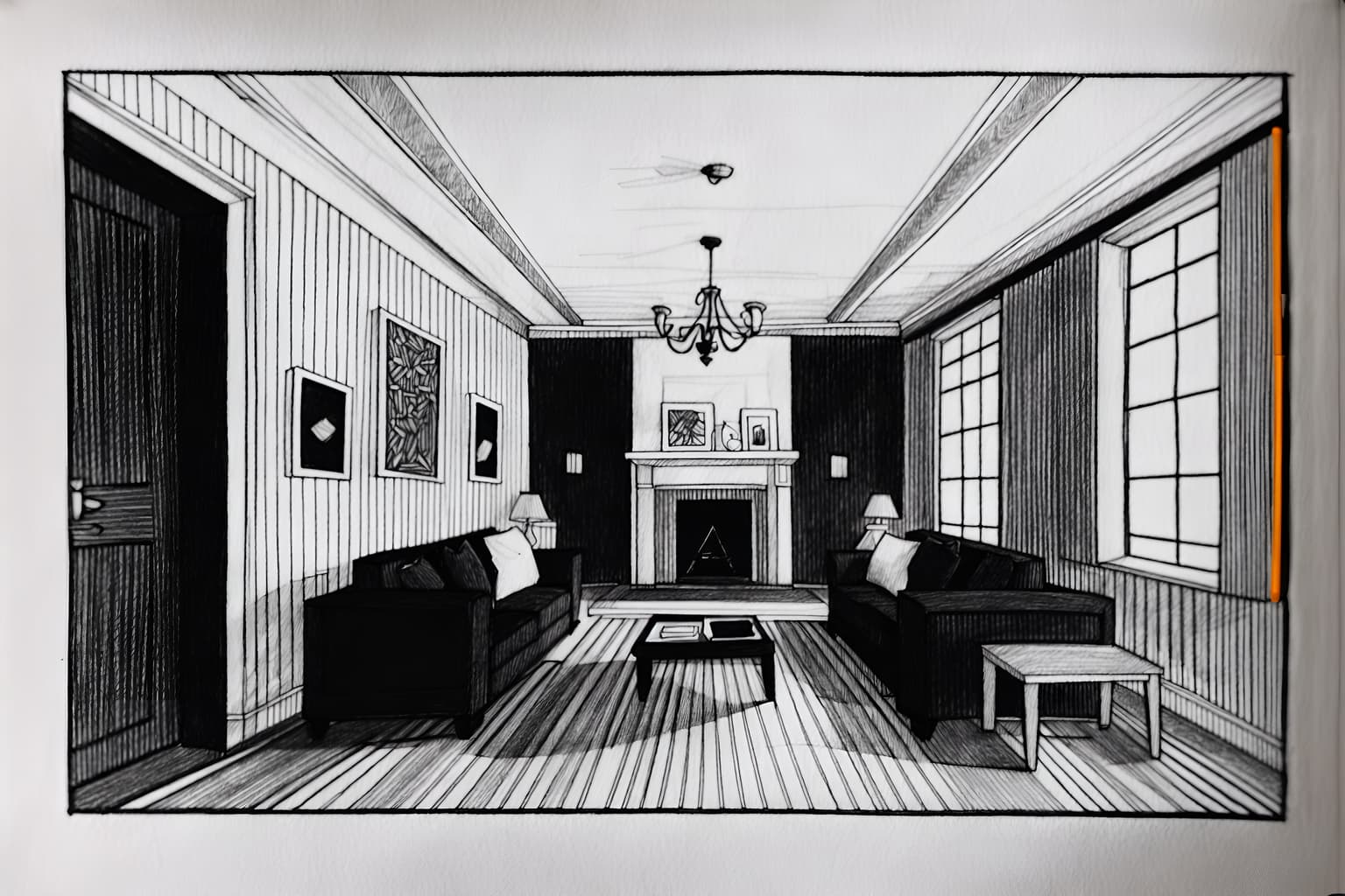 (hand-drawn monochrome black and white sketch line drawing)++ of sketch-style (attic) apartment interior. a sketch of interior. with . a sketch of interior. trending on artstation. black and white line drawing sketch without colors. masterpiece, cinematic light, ultrarealistic+, photorealistic+, 8k, raw photo, realistic, sharp focus on eyes, (symmetrical eyes), (intact eyes), hyperrealistic, highest quality, best quality, , highly detailed, masterpiece, best quality, extremely detailed 8k wallpaper, masterpiece, best quality, ultra-detailed, best shadow, detailed background, detailed face, detailed eyes, high contrast, best illumination, detailed face, dulux, caustic, dynamic angle, detailed glow. dramatic lighting. highly detailed, insanely detailed hair, symmetrical, intricate details, professionally retouched, 8k high definition. strong bokeh. award winning photo.