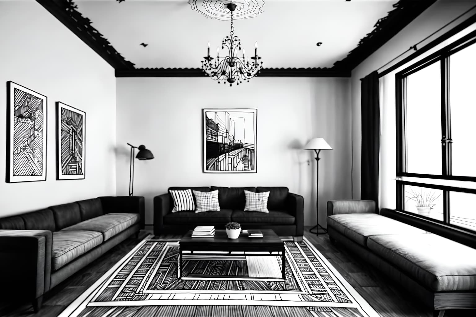 (hand-drawn monochrome black and white sketch line drawing)++ of sketch-style (attic) apartment interior. a sketch of interior. with . a sketch of interior. trending on artstation. black and white line drawing sketch without colors. masterpiece, cinematic light, ultrarealistic+, photorealistic+, 8k, raw photo, realistic, sharp focus on eyes, (symmetrical eyes), (intact eyes), hyperrealistic, highest quality, best quality, , highly detailed, masterpiece, best quality, extremely detailed 8k wallpaper, masterpiece, best quality, ultra-detailed, best shadow, detailed background, detailed face, detailed eyes, high contrast, best illumination, detailed face, dulux, caustic, dynamic angle, detailed glow. dramatic lighting. highly detailed, insanely detailed hair, symmetrical, intricate details, professionally retouched, 8k high definition. strong bokeh. award winning photo.