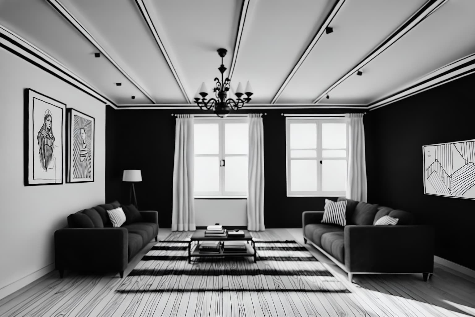 (hand-drawn monochrome black and white sketch line drawing)++ of sketch-style (attic) apartment interior. a sketch of interior. with . a sketch of interior. trending on artstation. black and white line drawing sketch without colors. masterpiece, cinematic light, ultrarealistic+, photorealistic+, 8k, raw photo, realistic, sharp focus on eyes, (symmetrical eyes), (intact eyes), hyperrealistic, highest quality, best quality, , highly detailed, masterpiece, best quality, extremely detailed 8k wallpaper, masterpiece, best quality, ultra-detailed, best shadow, detailed background, detailed face, detailed eyes, high contrast, best illumination, detailed face, dulux, caustic, dynamic angle, detailed glow. dramatic lighting. highly detailed, insanely detailed hair, symmetrical, intricate details, professionally retouched, 8k high definition. strong bokeh. award winning photo.
