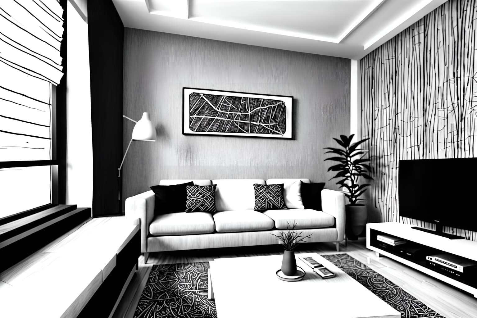 (hand-drawn monochrome black and white sketch line drawing)++ of sketch-style (living room) apartment interior. a sketch of interior. with . . a sketch of interior. with televisions and plant and occasional tables. trending on artstation. black and white line drawing sketch without colors. masterpiece, cinematic light, ultrarealistic+, photorealistic+, 8k, raw photo, realistic, sharp focus on eyes, (symmetrical eyes), (intact eyes), hyperrealistic, highest quality, best quality, , highly detailed, masterpiece, best quality, extremely detailed 8k wallpaper, masterpiece, best quality, ultra-detailed, best shadow, detailed background, detailed face, detailed eyes, high contrast, best illumination, detailed face, dulux, caustic, dynamic angle, detailed glow. dramatic lighting. highly detailed, insanely detailed hair, symmetrical, intricate details, professionally retouched, 8k high definition. strong bokeh. award winning photo.