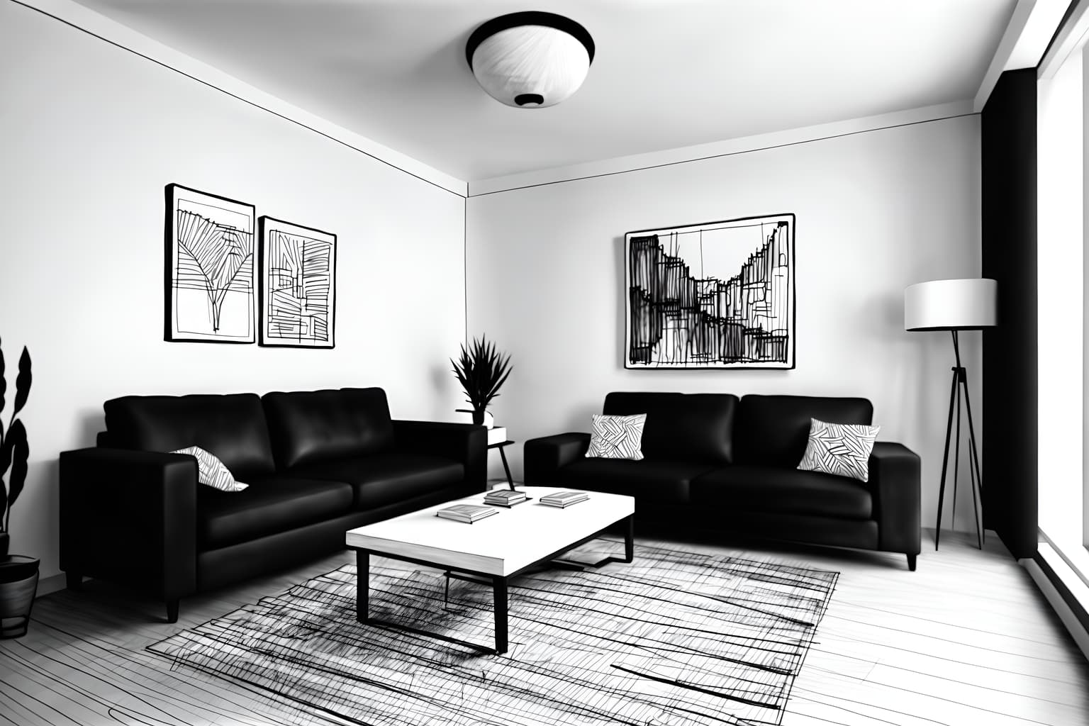 (hand-drawn monochrome black and white sketch line drawing)++ of sketch-style (living room) apartment interior. a sketch of interior. with . . a sketch of interior. with televisions and plant and occasional tables. trending on artstation. black and white line drawing sketch without colors. masterpiece, cinematic light, ultrarealistic+, photorealistic+, 8k, raw photo, realistic, sharp focus on eyes, (symmetrical eyes), (intact eyes), hyperrealistic, highest quality, best quality, , highly detailed, masterpiece, best quality, extremely detailed 8k wallpaper, masterpiece, best quality, ultra-detailed, best shadow, detailed background, detailed face, detailed eyes, high contrast, best illumination, detailed face, dulux, caustic, dynamic angle, detailed glow. dramatic lighting. highly detailed, insanely detailed hair, symmetrical, intricate details, professionally retouched, 8k high definition. strong bokeh. award winning photo.