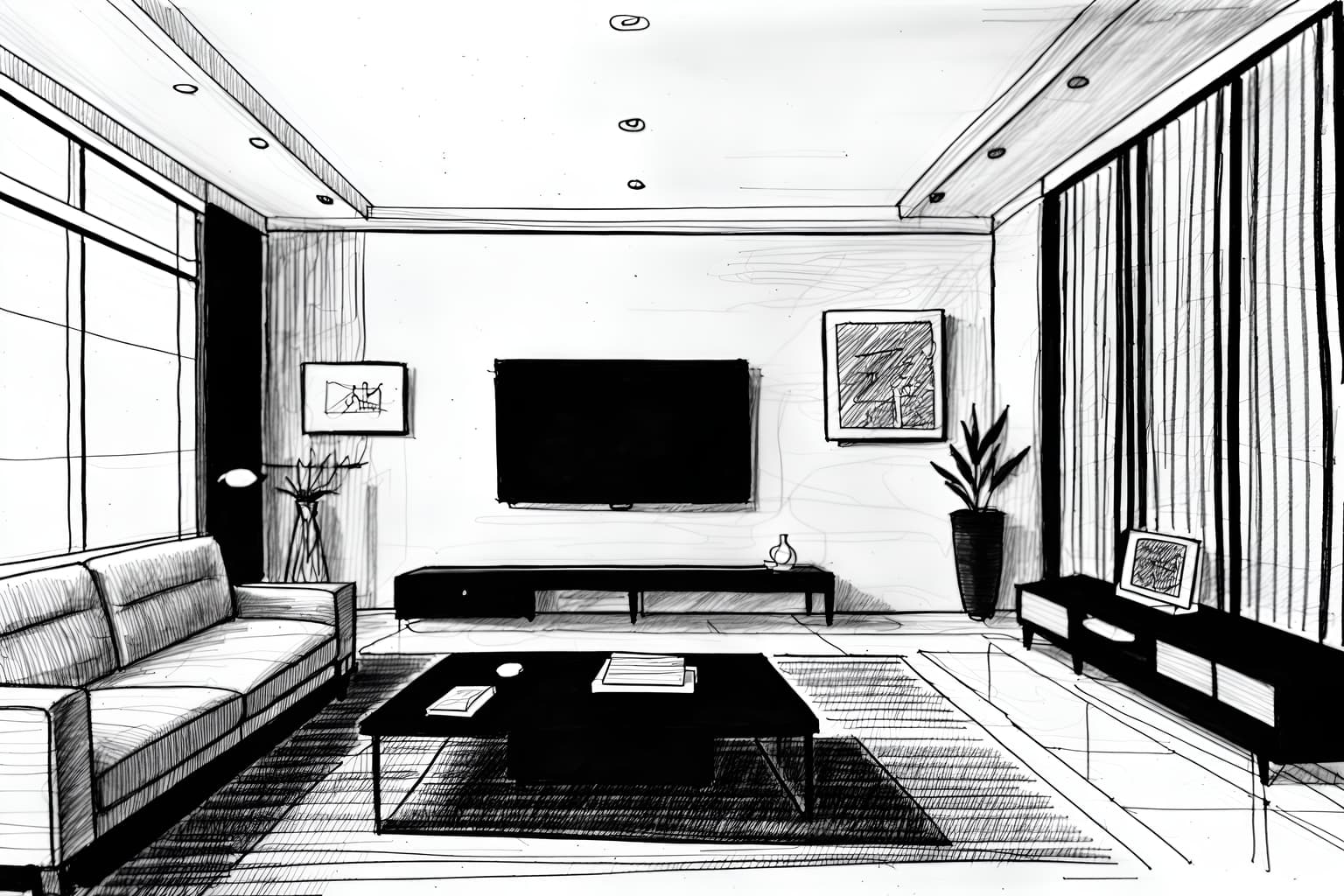 (hand-drawn monochrome black and white sketch line drawing)++ of sketch-style (living room) apartment interior. a sketch of interior. with . . a sketch of interior. with televisions and plant and occasional tables. trending on artstation. black and white line drawing sketch without colors. masterpiece, cinematic light, ultrarealistic+, photorealistic+, 8k, raw photo, realistic, sharp focus on eyes, (symmetrical eyes), (intact eyes), hyperrealistic, highest quality, best quality, , highly detailed, masterpiece, best quality, extremely detailed 8k wallpaper, masterpiece, best quality, ultra-detailed, best shadow, detailed background, detailed face, detailed eyes, high contrast, best illumination, detailed face, dulux, caustic, dynamic angle, detailed glow. dramatic lighting. highly detailed, insanely detailed hair, symmetrical, intricate details, professionally retouched, 8k high definition. strong bokeh. award winning photo.