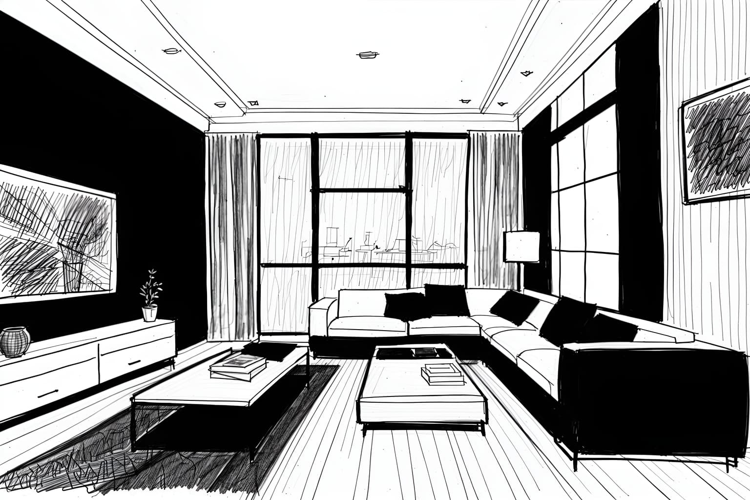 (hand-drawn monochrome black and white sketch line drawing)++ of sketch-style (living room) apartment interior. a sketch of interior. with . . a sketch of interior. with televisions and plant and occasional tables. trending on artstation. black and white line drawing sketch without colors. masterpiece, cinematic light, ultrarealistic+, photorealistic+, 8k, raw photo, realistic, sharp focus on eyes, (symmetrical eyes), (intact eyes), hyperrealistic, highest quality, best quality, , highly detailed, masterpiece, best quality, extremely detailed 8k wallpaper, masterpiece, best quality, ultra-detailed, best shadow, detailed background, detailed face, detailed eyes, high contrast, best illumination, detailed face, dulux, caustic, dynamic angle, detailed glow. dramatic lighting. highly detailed, insanely detailed hair, symmetrical, intricate details, professionally retouched, 8k high definition. strong bokeh. award winning photo.