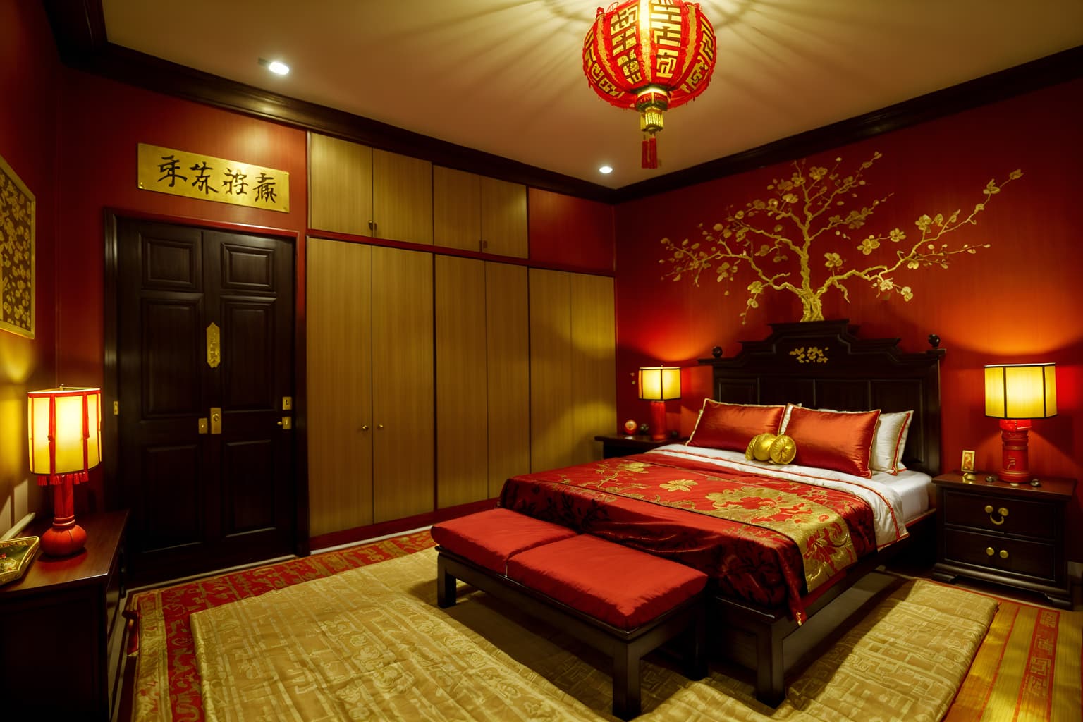 chinese new year-style (bedroom interior) with bedside table or night stand and headboard and bed and accent chair and storage bench or ottoman and night light and mirror and dresser closet. . with red and gold tassels and red and gold candles and chinese red lanterns and door couplets and orange trees and money tree and kumquat trees and gold ingots. . cinematic photo, highly detailed, cinematic lighting, ultra-detailed, ultrarealistic, photorealism, 8k. chinese new year interior design style. masterpiece, cinematic light, ultrarealistic+, photorealistic+, 8k, raw photo, realistic, sharp focus on eyes, (symmetrical eyes), (intact eyes), hyperrealistic, highest quality, best quality, , highly detailed, masterpiece, best quality, extremely detailed 8k wallpaper, masterpiece, best quality, ultra-detailed, best shadow, detailed background, detailed face, detailed eyes, high contrast, best illumination, detailed face, dulux, caustic, dynamic angle, detailed glow. dramatic lighting. highly detailed, insanely detailed hair, symmetrical, intricate details, professionally retouched, 8k high definition. strong bokeh. award winning photo.