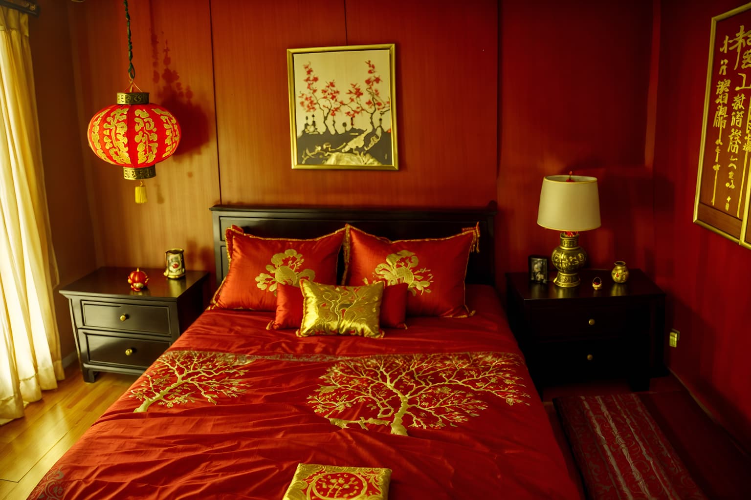 chinese new year-style (bedroom interior) with bedside table or night stand and headboard and bed and accent chair and storage bench or ottoman and night light and mirror and dresser closet. . with red and gold tassels and red and gold candles and chinese red lanterns and door couplets and orange trees and money tree and kumquat trees and gold ingots. . cinematic photo, highly detailed, cinematic lighting, ultra-detailed, ultrarealistic, photorealism, 8k. chinese new year interior design style. masterpiece, cinematic light, ultrarealistic+, photorealistic+, 8k, raw photo, realistic, sharp focus on eyes, (symmetrical eyes), (intact eyes), hyperrealistic, highest quality, best quality, , highly detailed, masterpiece, best quality, extremely detailed 8k wallpaper, masterpiece, best quality, ultra-detailed, best shadow, detailed background, detailed face, detailed eyes, high contrast, best illumination, detailed face, dulux, caustic, dynamic angle, detailed glow. dramatic lighting. highly detailed, insanely detailed hair, symmetrical, intricate details, professionally retouched, 8k high definition. strong bokeh. award winning photo.