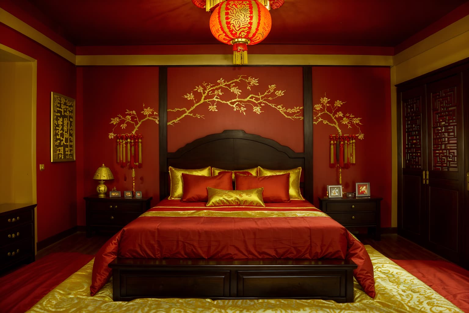 chinese new year-style (bedroom interior) with bedside table or night stand and headboard and bed and accent chair and storage bench or ottoman and night light and mirror and dresser closet. . with red and gold tassels and red and gold candles and chinese red lanterns and door couplets and orange trees and money tree and kumquat trees and gold ingots. . cinematic photo, highly detailed, cinematic lighting, ultra-detailed, ultrarealistic, photorealism, 8k. chinese new year interior design style. masterpiece, cinematic light, ultrarealistic+, photorealistic+, 8k, raw photo, realistic, sharp focus on eyes, (symmetrical eyes), (intact eyes), hyperrealistic, highest quality, best quality, , highly detailed, masterpiece, best quality, extremely detailed 8k wallpaper, masterpiece, best quality, ultra-detailed, best shadow, detailed background, detailed face, detailed eyes, high contrast, best illumination, detailed face, dulux, caustic, dynamic angle, detailed glow. dramatic lighting. highly detailed, insanely detailed hair, symmetrical, intricate details, professionally retouched, 8k high definition. strong bokeh. award winning photo.
