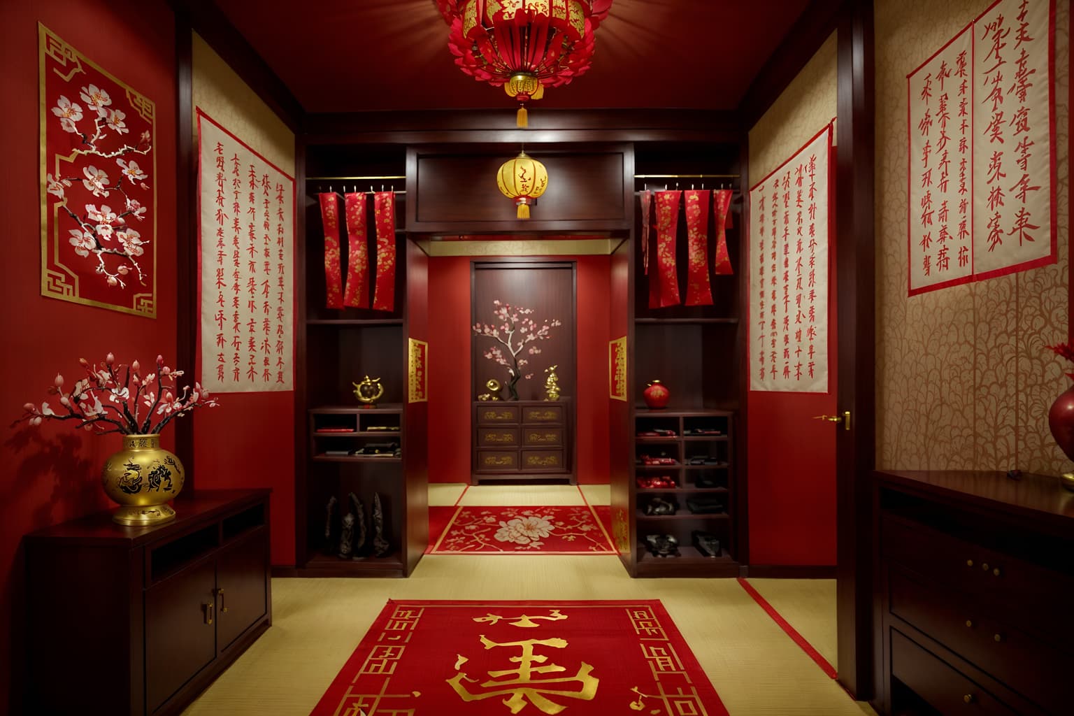 chinese new year-style (walk in closet interior) . with mei hwa flowers and zodiac calendar and fai chun banners and money tree and paper firecrackers and paper cuttings and vases of plum blossoms and orchids and red and gold candles. . cinematic photo, highly detailed, cinematic lighting, ultra-detailed, ultrarealistic, photorealism, 8k. chinese new year interior design style. masterpiece, cinematic light, ultrarealistic+, photorealistic+, 8k, raw photo, realistic, sharp focus on eyes, (symmetrical eyes), (intact eyes), hyperrealistic, highest quality, best quality, , highly detailed, masterpiece, best quality, extremely detailed 8k wallpaper, masterpiece, best quality, ultra-detailed, best shadow, detailed background, detailed face, detailed eyes, high contrast, best illumination, detailed face, dulux, caustic, dynamic angle, detailed glow. dramatic lighting. highly detailed, insanely detailed hair, symmetrical, intricate details, professionally retouched, 8k high definition. strong bokeh. award winning photo.