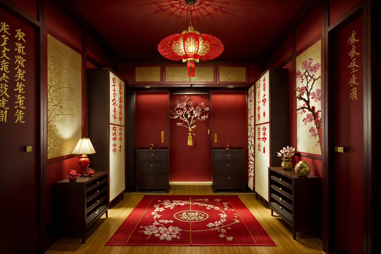chinese new year-style (walk in closet interior) . with mei hwa flowers and zodiac calendar and fai chun banners and money tree and paper firecrackers and paper cuttings and vases of plum blossoms and orchids and red and gold candles. . cinematic photo, highly detailed, cinematic lighting, ultra-detailed, ultrarealistic, photorealism, 8k. chinese new year interior design style. masterpiece, cinematic light, ultrarealistic+, photorealistic+, 8k, raw photo, realistic, sharp focus on eyes, (symmetrical eyes), (intact eyes), hyperrealistic, highest quality, best quality, , highly detailed, masterpiece, best quality, extremely detailed 8k wallpaper, masterpiece, best quality, ultra-detailed, best shadow, detailed background, detailed face, detailed eyes, high contrast, best illumination, detailed face, dulux, caustic, dynamic angle, detailed glow. dramatic lighting. highly detailed, insanely detailed hair, symmetrical, intricate details, professionally retouched, 8k high definition. strong bokeh. award winning photo.