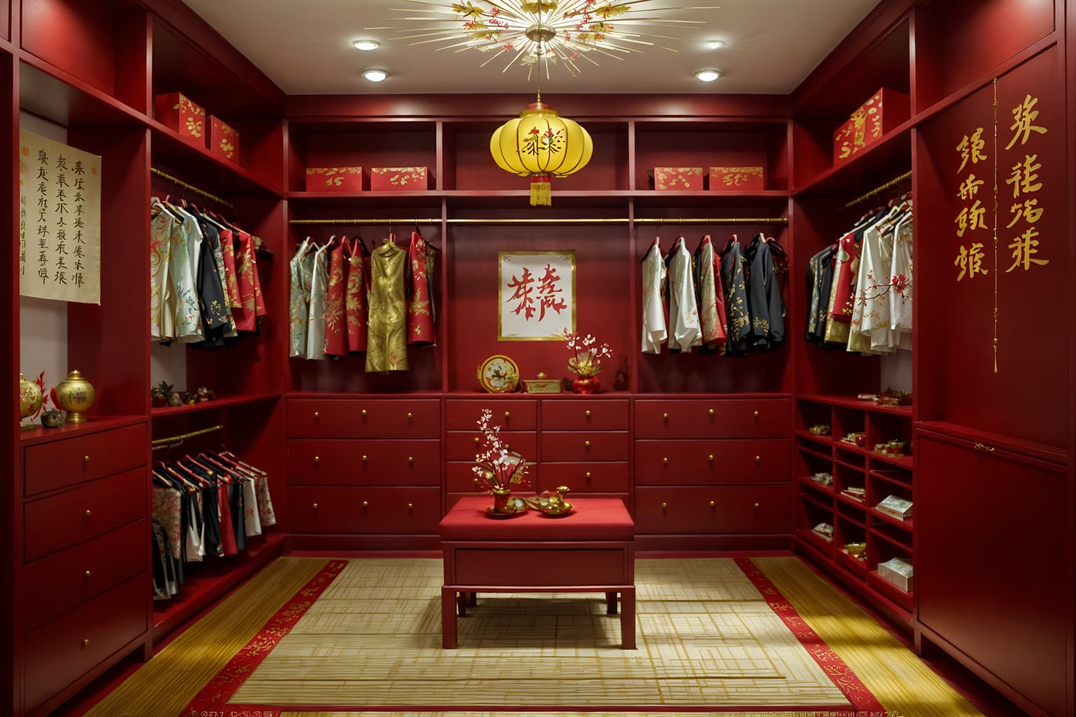 chinese new year-style (walk in closet interior) . with mei hwa flowers and zodiac calendar and fai chun banners and money tree and paper firecrackers and paper cuttings and vases of plum blossoms and orchids and red and gold candles. . cinematic photo, highly detailed, cinematic lighting, ultra-detailed, ultrarealistic, photorealism, 8k. chinese new year interior design style. masterpiece, cinematic light, ultrarealistic+, photorealistic+, 8k, raw photo, realistic, sharp focus on eyes, (symmetrical eyes), (intact eyes), hyperrealistic, highest quality, best quality, , highly detailed, masterpiece, best quality, extremely detailed 8k wallpaper, masterpiece, best quality, ultra-detailed, best shadow, detailed background, detailed face, detailed eyes, high contrast, best illumination, detailed face, dulux, caustic, dynamic angle, detailed glow. dramatic lighting. highly detailed, insanely detailed hair, symmetrical, intricate details, professionally retouched, 8k high definition. strong bokeh. award winning photo.